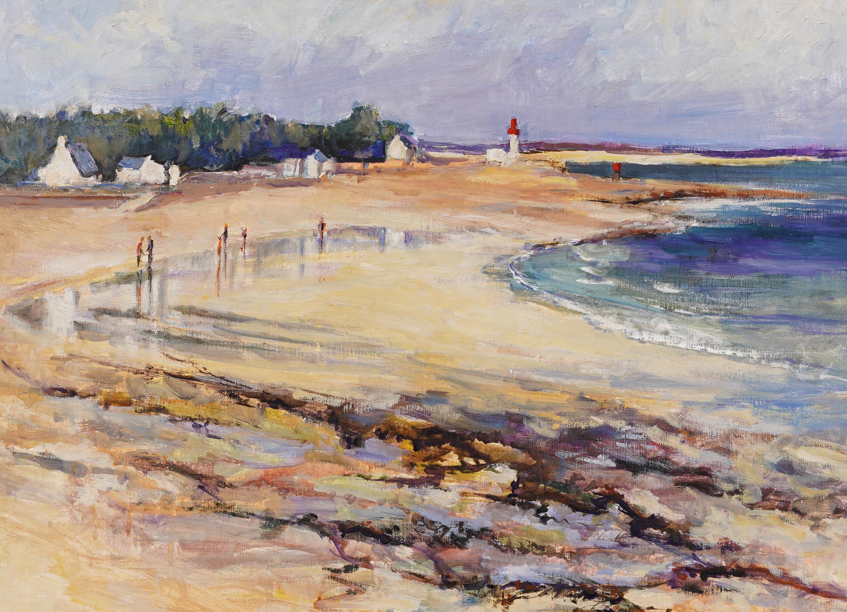Peinture impressionniste française vintage encadrée d'une scène de plage encadrée en vente 1