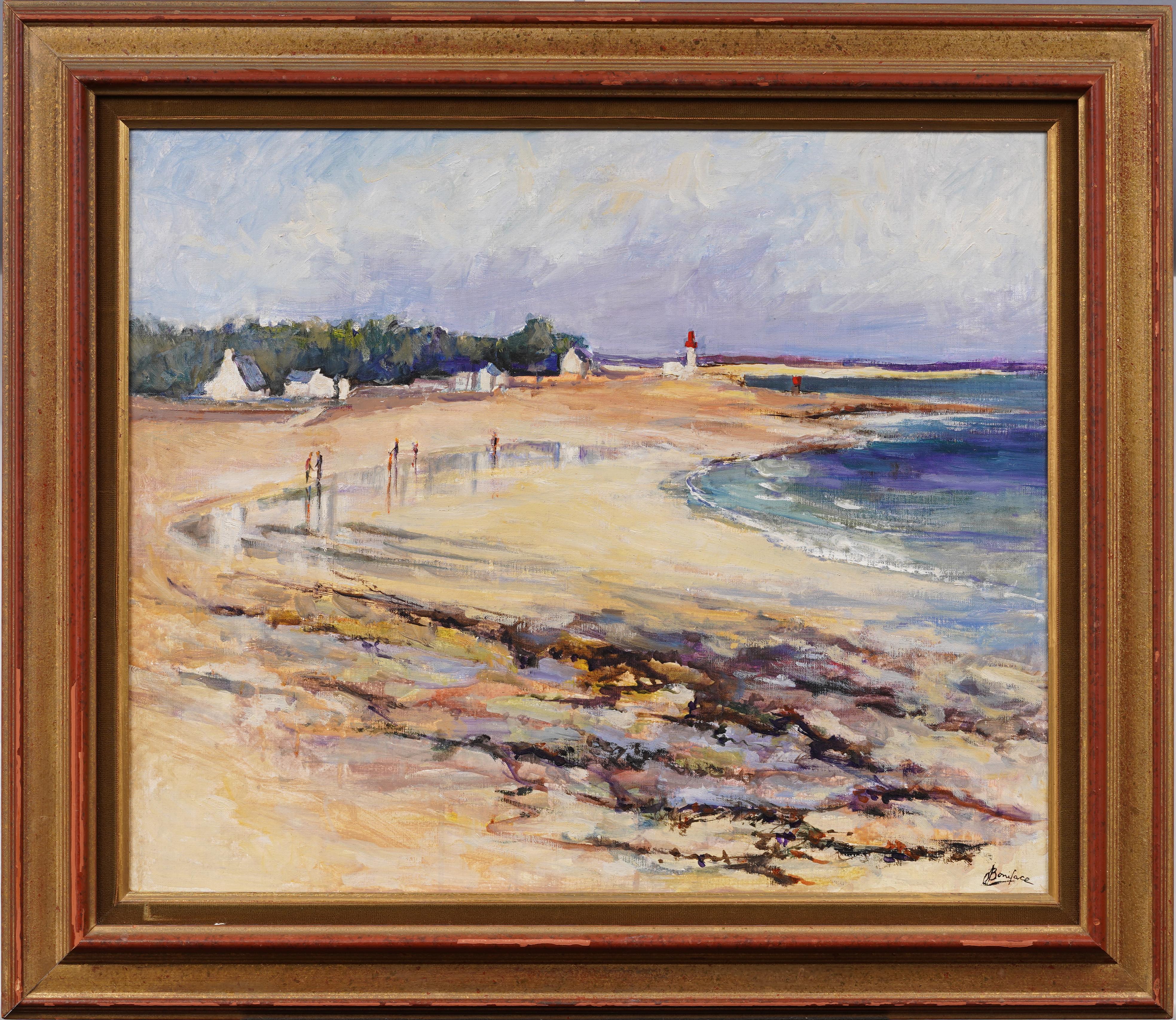 Vintage French Impressionist Signed Beach Scene Framed Summer Seascape Painting