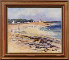 Vintage French Impressionist Signed Beach Scene Framed Summer Seascape Painting