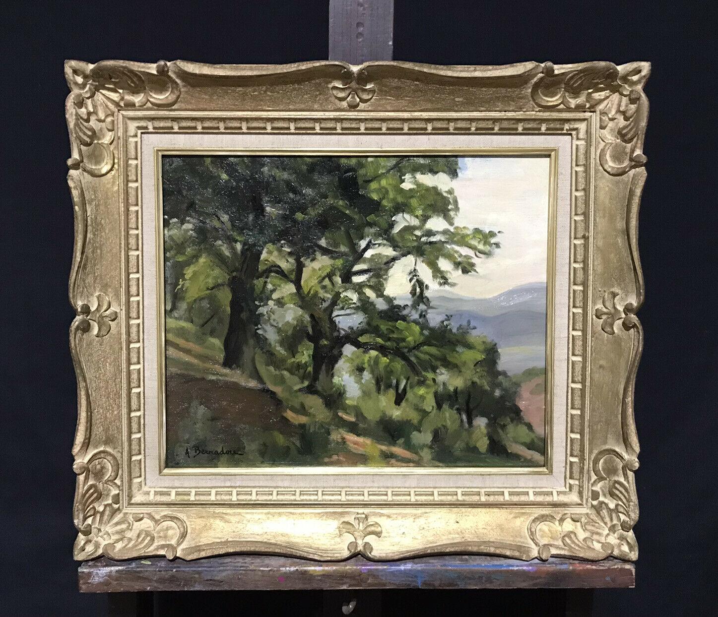 VINTAGE FRENCH IMPRESSIONIST SIGNED OIL - GREEN TREES WITH FAR REACHING VIEW - Painting by Unknown