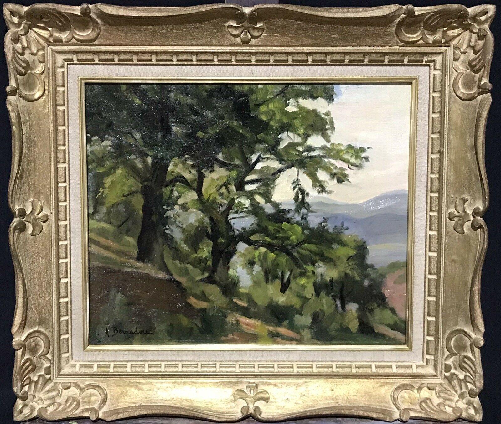 Unknown Landscape Painting - VINTAGE FRENCH IMPRESSIONIST SIGNED OIL - GREEN TREES WITH FAR REACHING VIEW