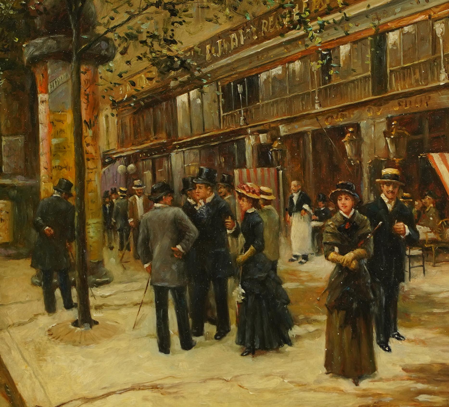Vintage signed French impressionist signed Paris street scene oil painting.  Oil on board.  Signed.  Framed.  Image size, 16L x 12H.