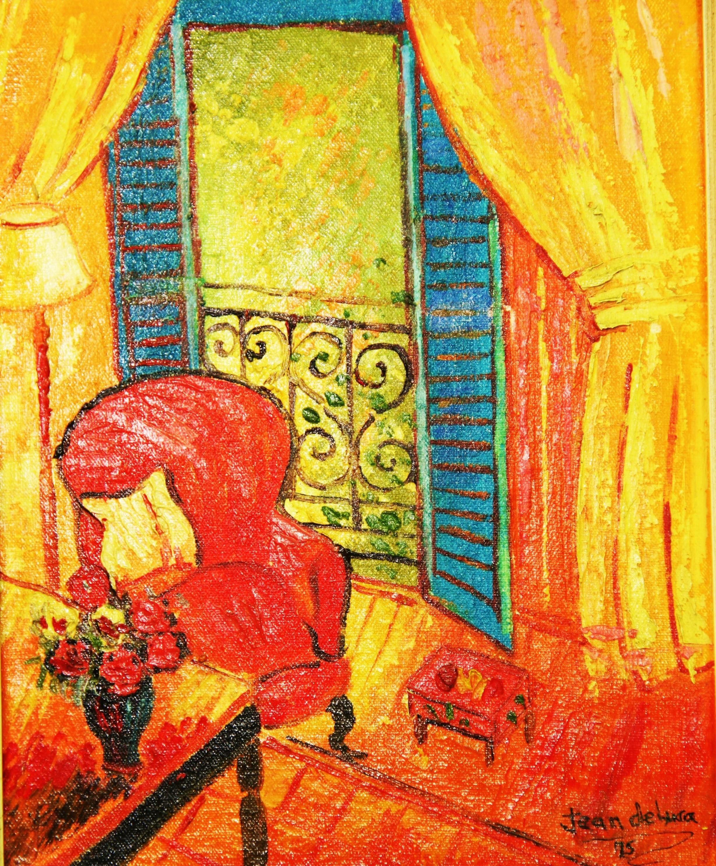 Vintage French Interior View Room Setting 1975 - Brown Interior Painting by Unknown