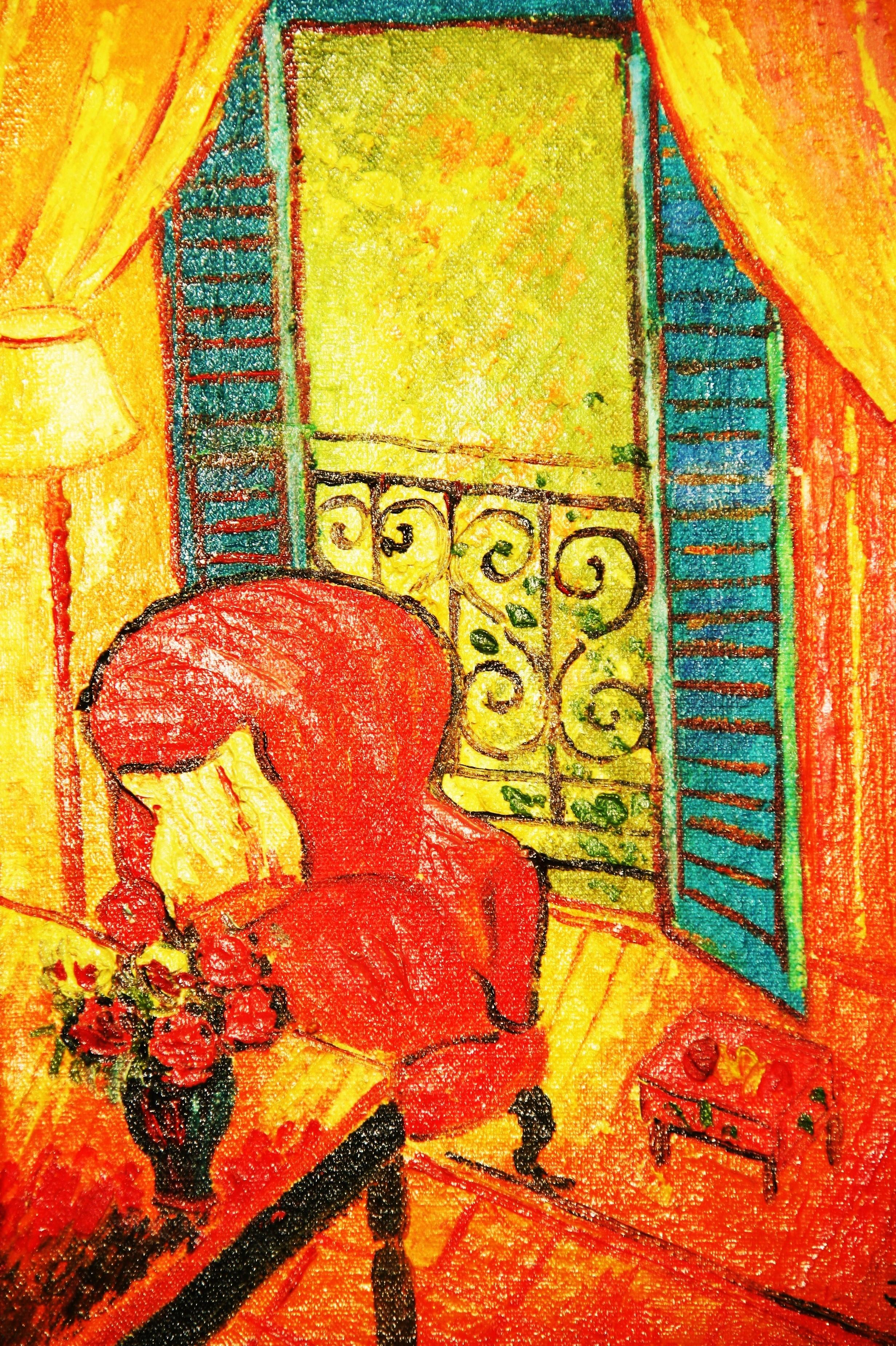 5037 Blue shutters French vintage modernist interior view from the window. 
Artist is a  follower of Matisse's style 
Image size 9.75x7.75