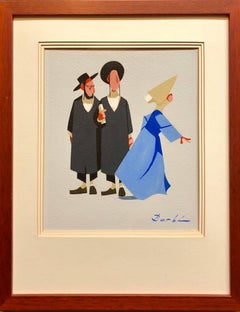 Vintage French Judaica Caricature Gouache Painting Two rabbis and a Nun
