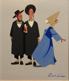 Vintage French Judaica Caricature Gouache Painting Two rabbis and a Nun