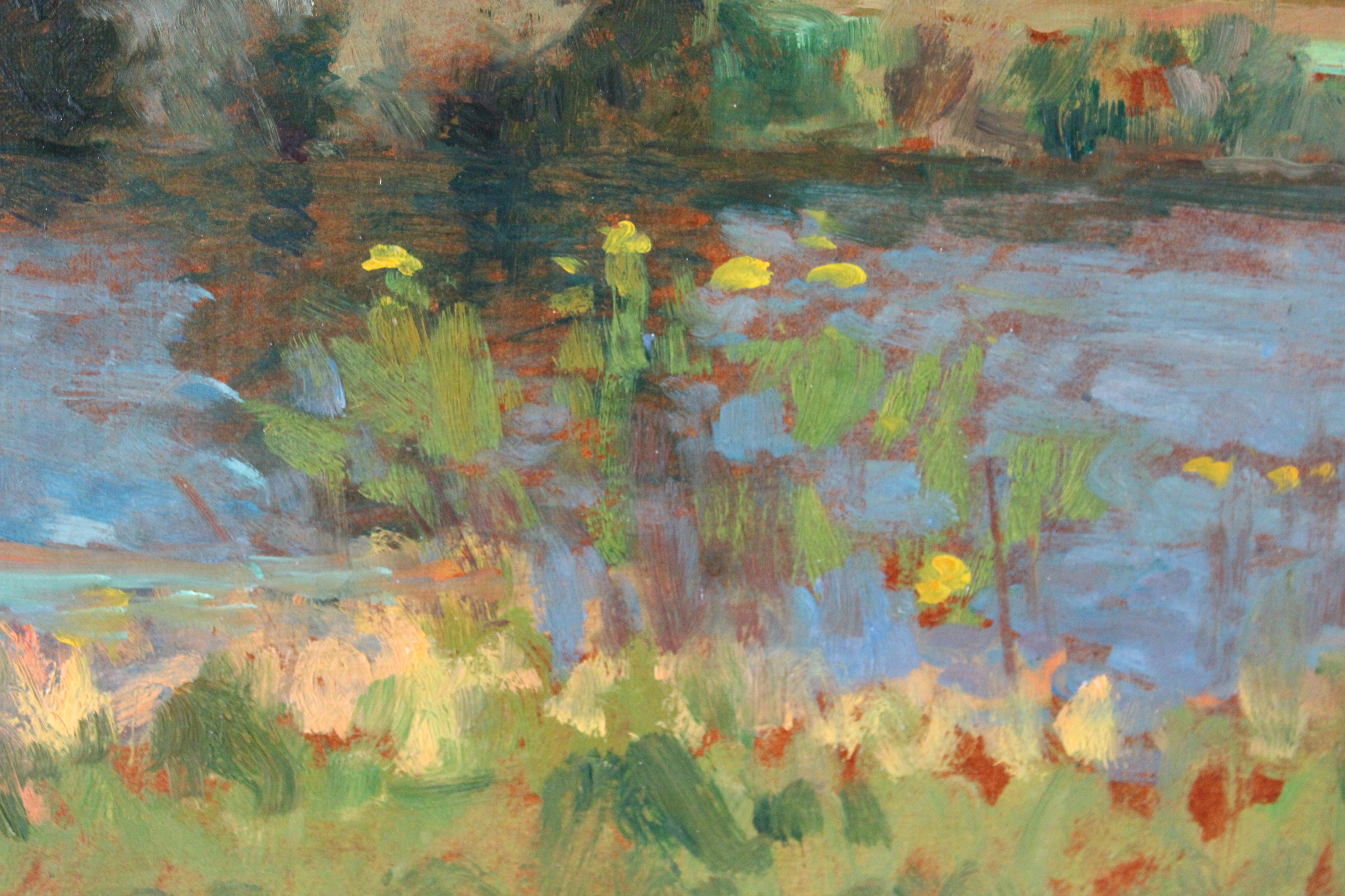 Antike Französisch gerahmt Landschaft Ölgemälde auf Leinwand gespannt.  Ein lebhaftes Ölgemälde aus der Mitte des Jahrhunderts in einem sehr attraktiven Montparnasse-Holzrahmen.  Eine Flusslandschaft mit einem Boot im Vordergrund und den Ufern des