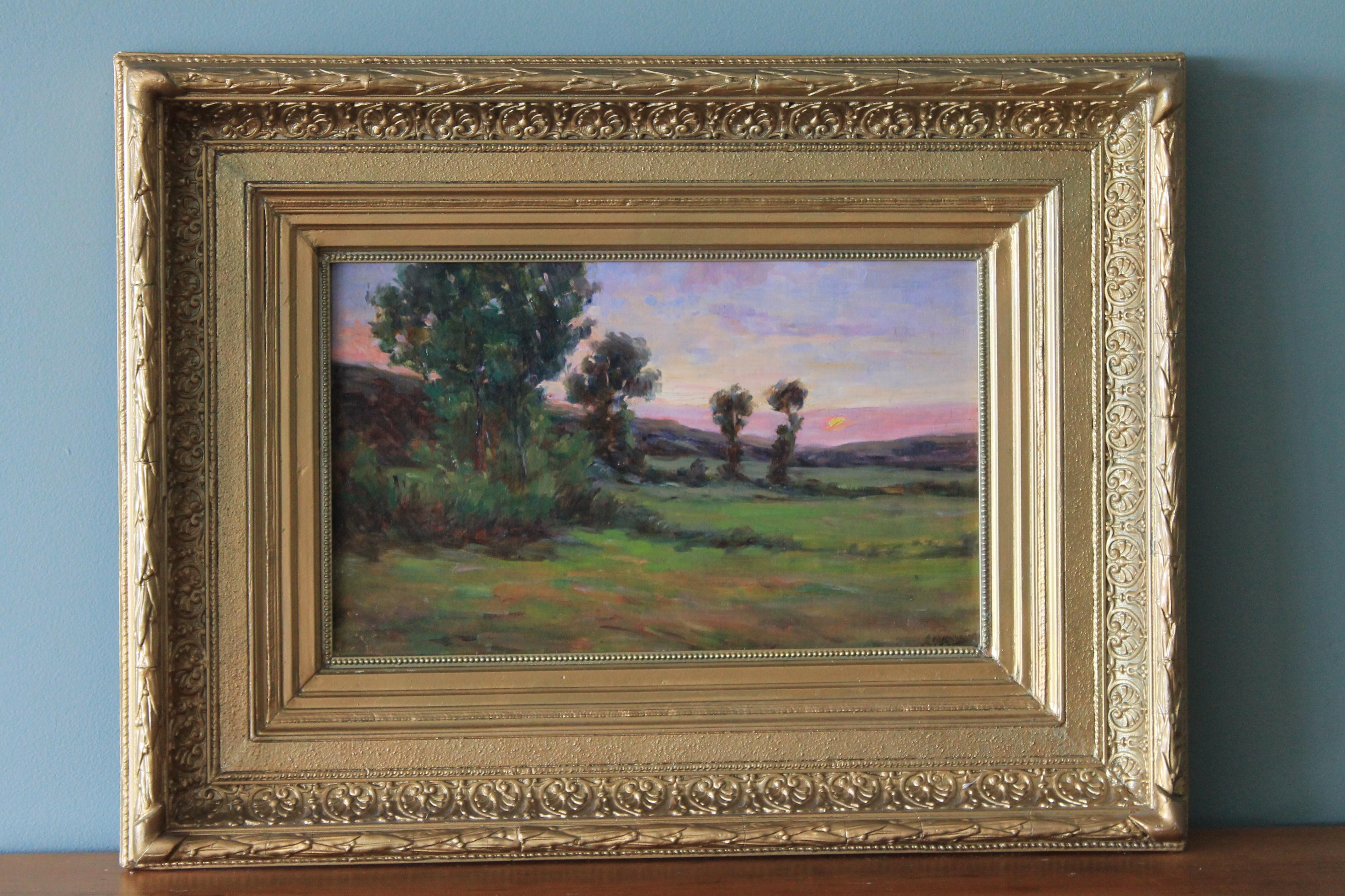 Vintage French Landscape oil painting of the French countryside in a gold frame - Painting by Unknown