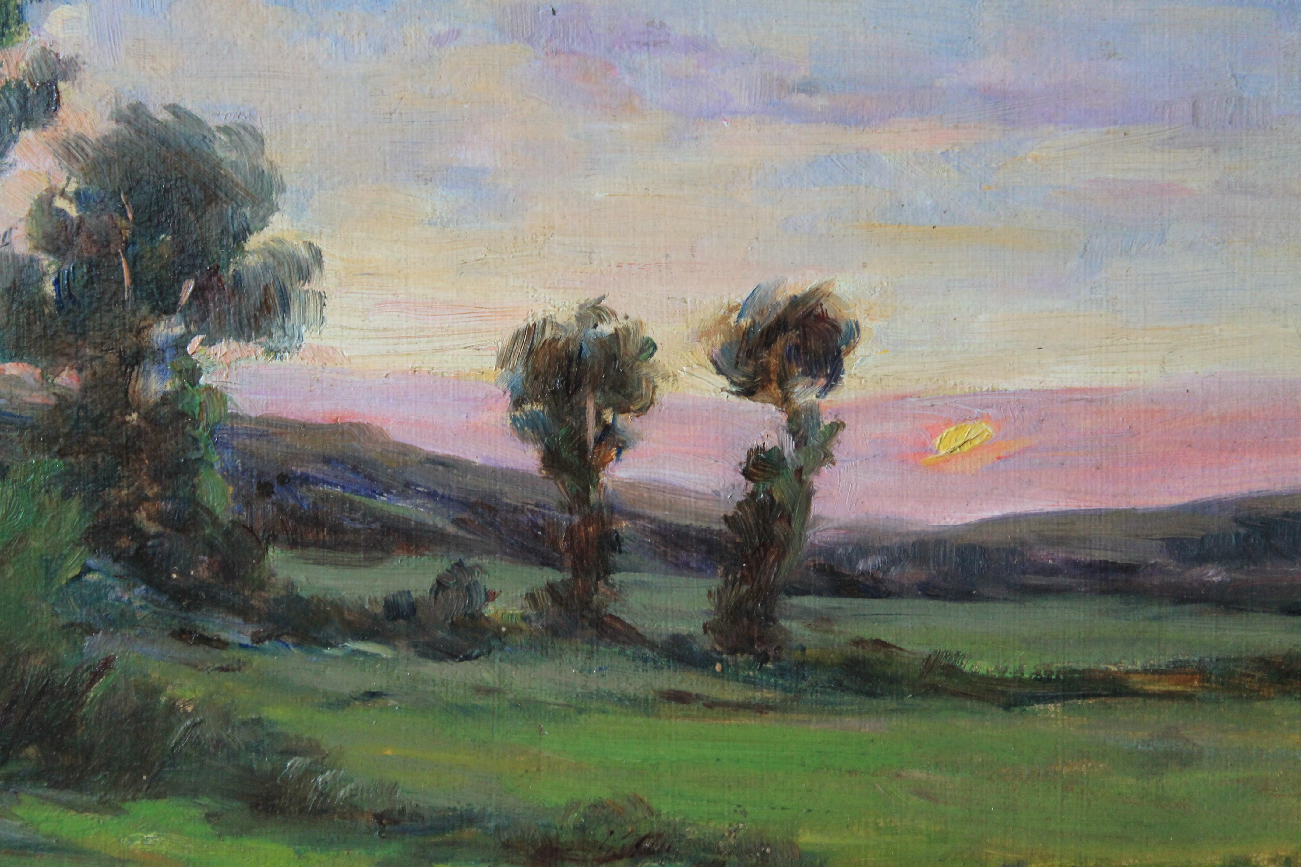 Vintage French Landscape oil painting of the French countryside in a gold frame - Impressionist Painting by Unknown