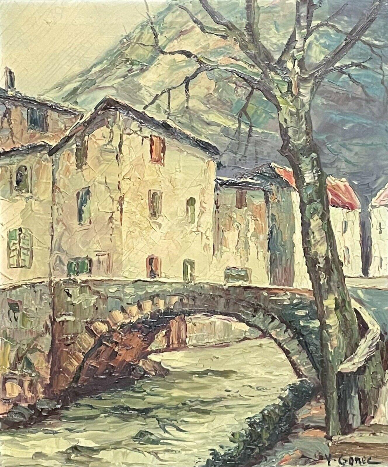 VINTAGE FRENCH MID CENTURY OIL PAINTING - OLD FRENCH TOWN BRIDGE & RIVER - FRAME - Painting by Unknown