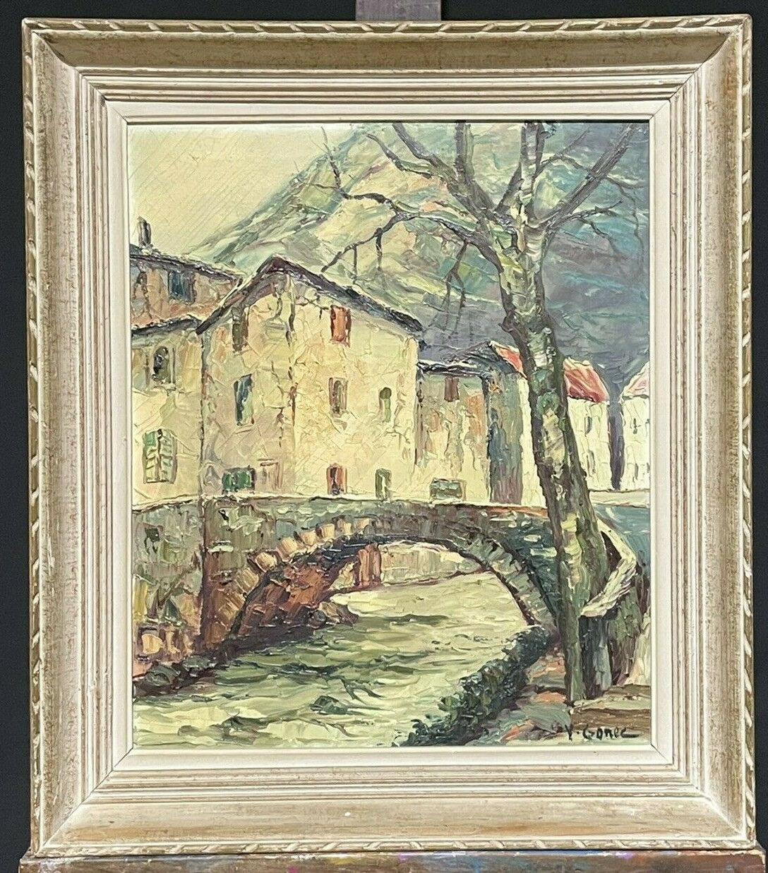 Unknown Landscape Painting - VINTAGE FRENCH MID CENTURY OIL PAINTING - OLD FRENCH TOWN BRIDGE & RIVER - FRAME