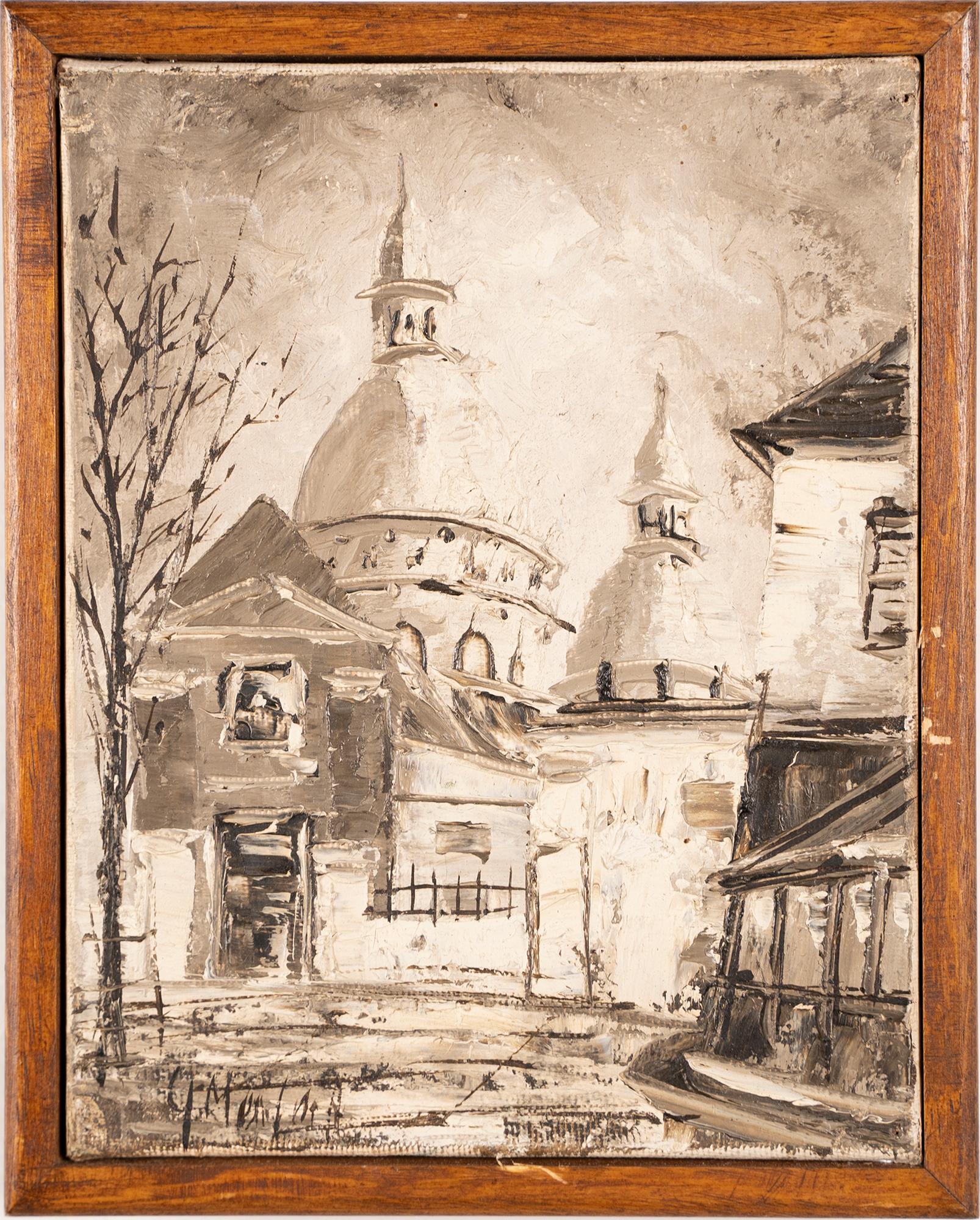 Vintage French Modern Street Scene Paris Church Original Grisaille Oil Painting
