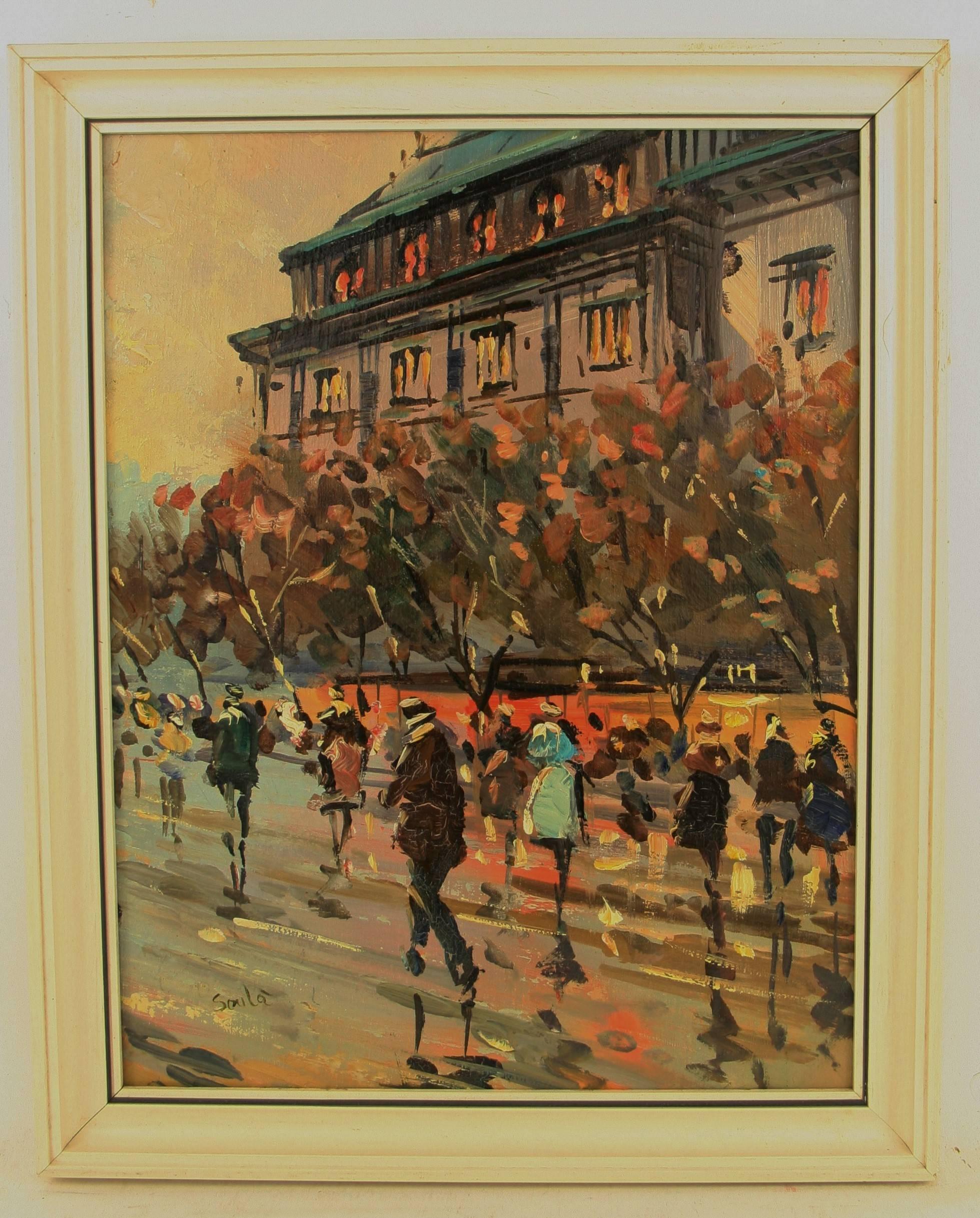 2870  Una escena callejera vintage de parisinos paseando por París. ,
óleo sobre tabla de artista 
firmado por Soula`,
presentado en un marco de madera blanco