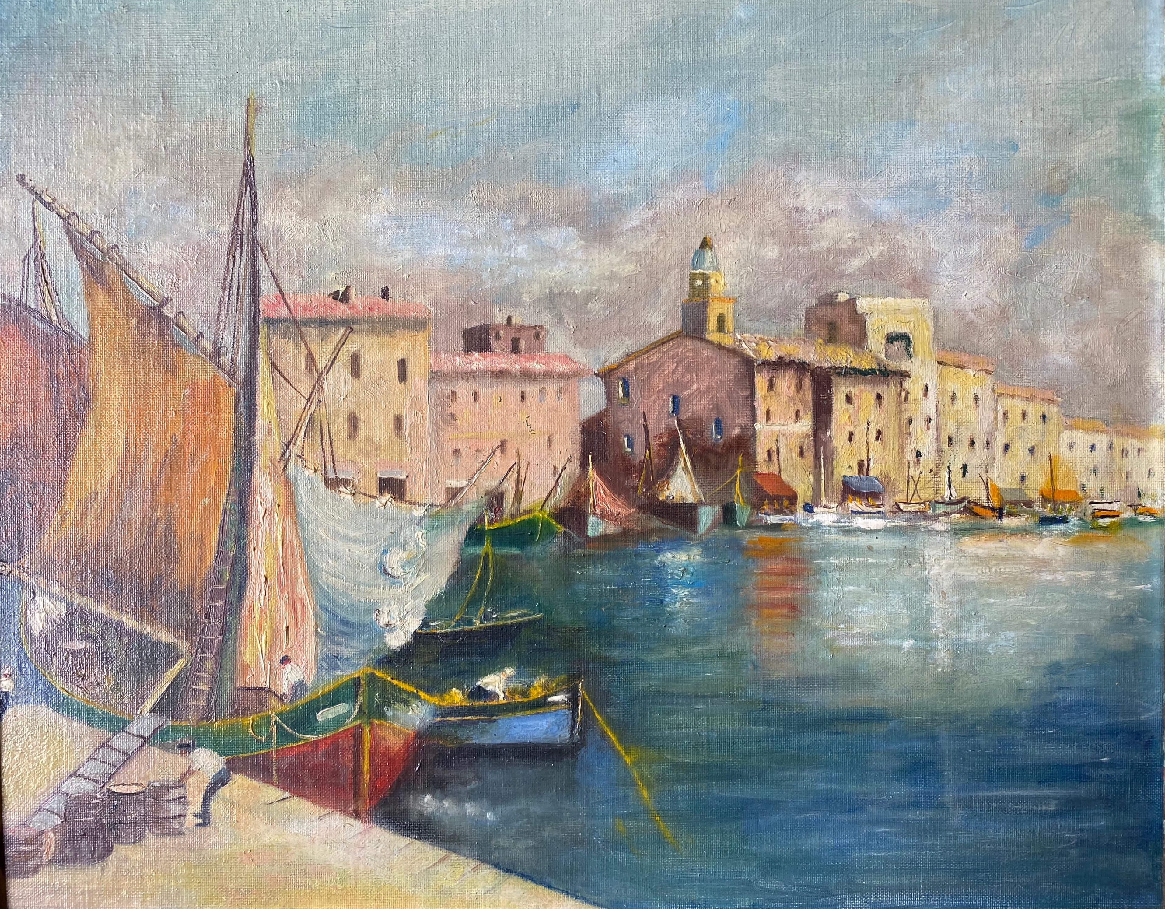 Vintage French Oil Loading the Boats in Mediterranean Sleepy Harbour Town - Painting by Unknown