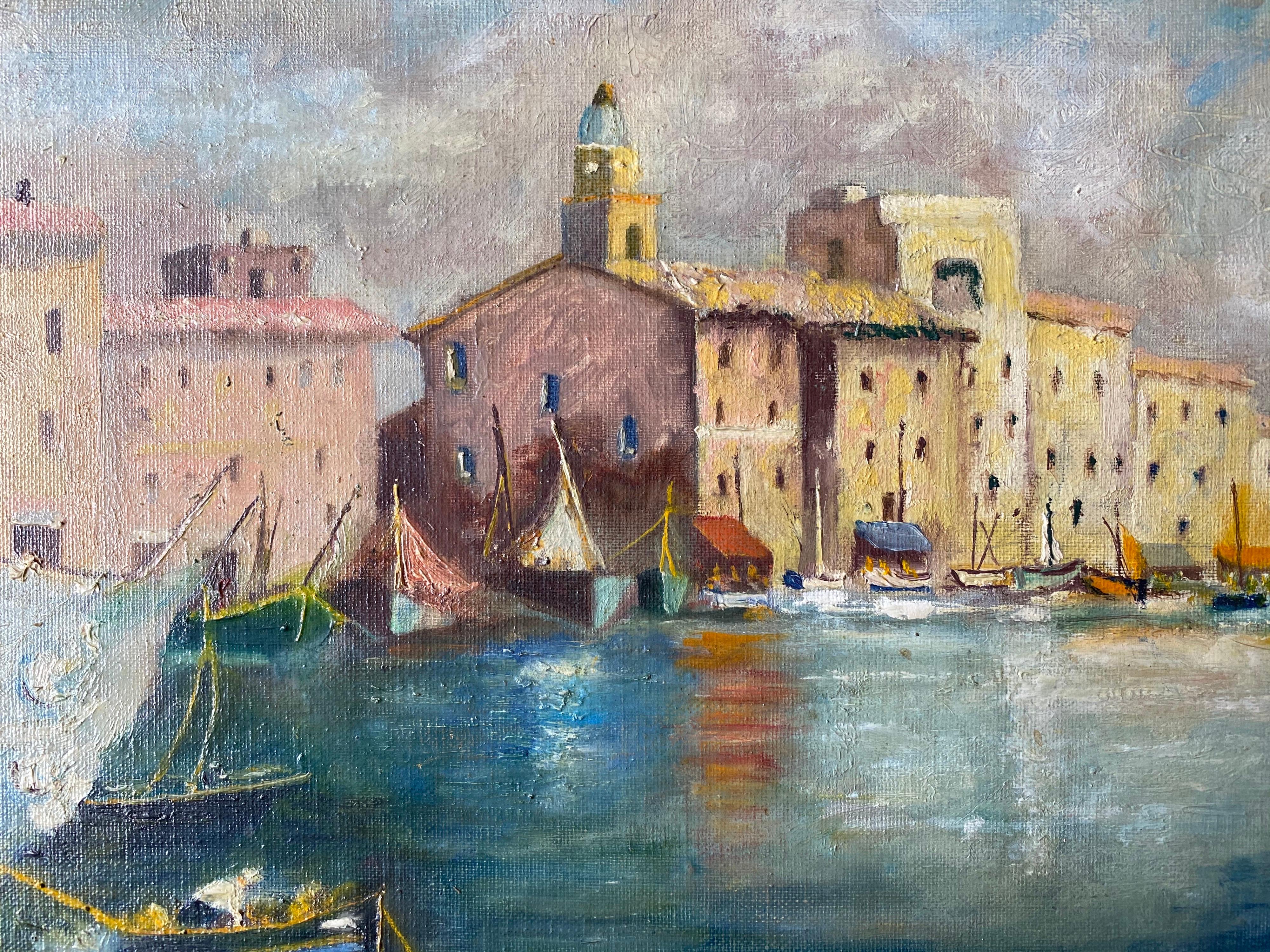 Französisches Ölgemälde „Die Boote in der ruhigen Hafenstadt des Mittelmeers“ (Impressionismus), Painting, von Unknown
