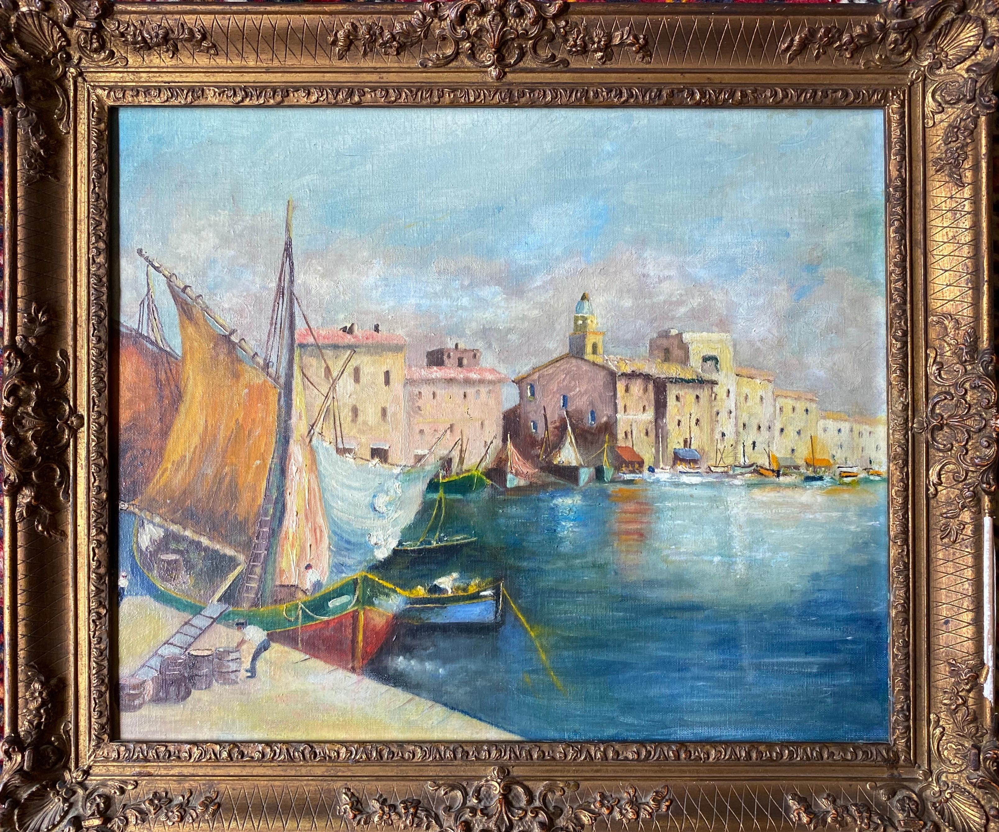 Unknown Landscape Painting – Französisches Ölgemälde „Die Boote in der ruhigen Hafenstadt des Mittelmeers“