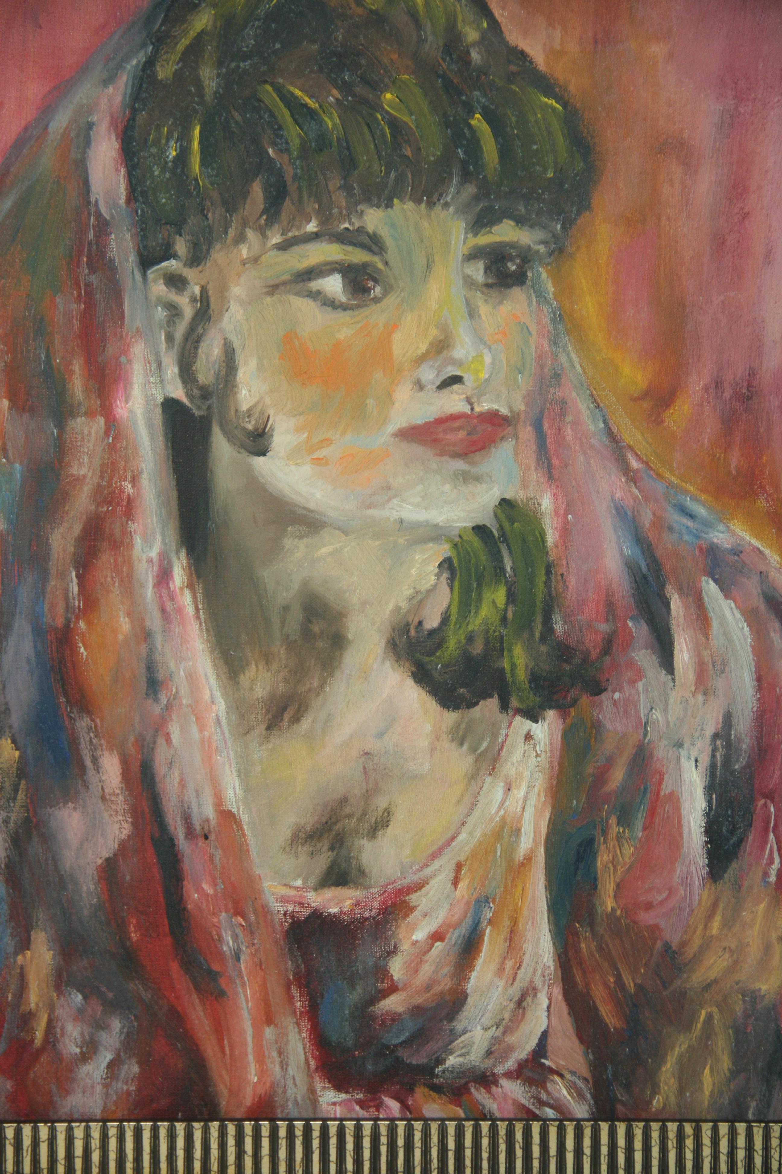 5183 Vintage painting of a vailed dark haired exotic woman
Set in a modernist gilt frame
Image size 19.5x15.5