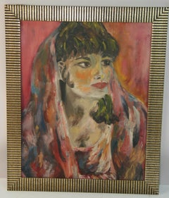 Vintage French Oil Painting "Dark Haired Exotic Vailed Woman"