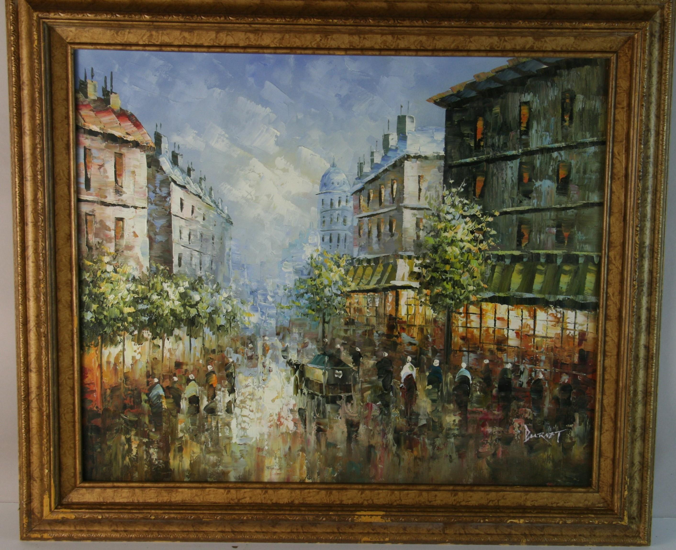 Óleo francés vintage   Escena de calle bulliciosa de París por Burnet - Painting de Unknown