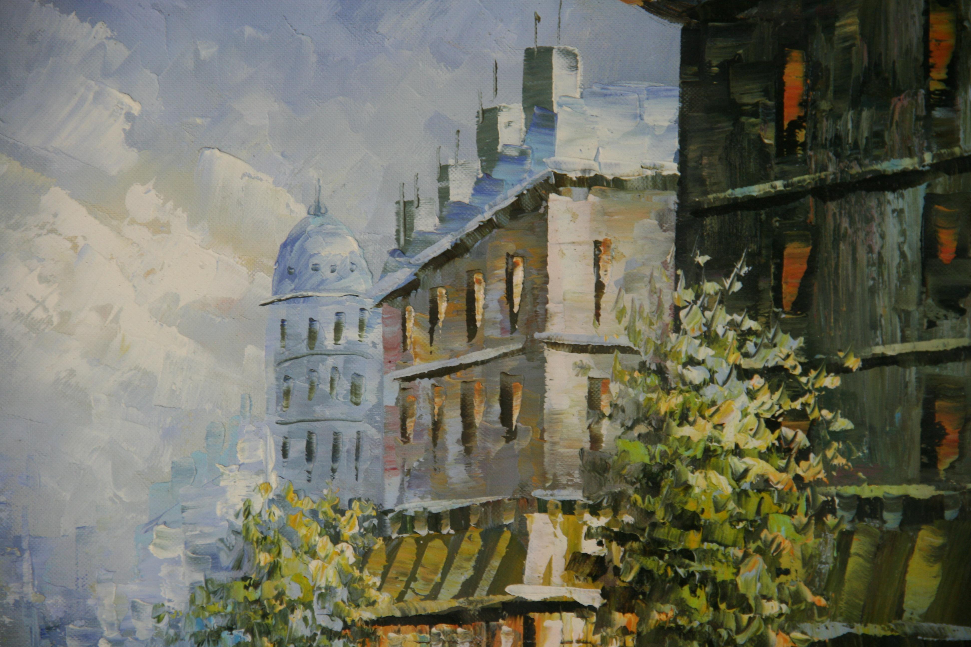 5171a    Óleo francés vintage de una escena callejera de París  con el ajetreo  de personas caminando
Enmarcado
Tamaño de la imagen 19,5x 23,5