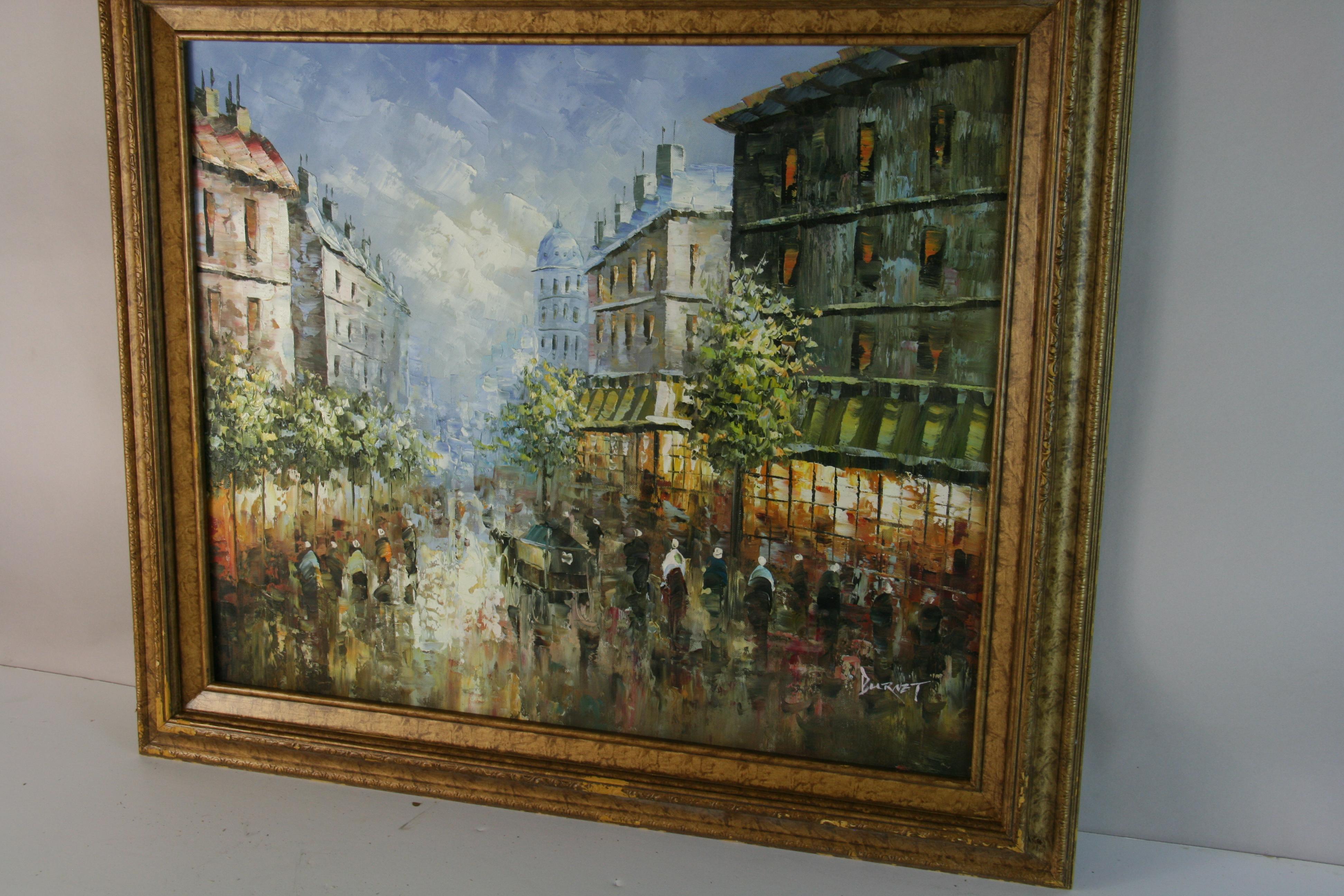 Óleo francés vintage   Escena de calle bulliciosa de París por Burnet 3