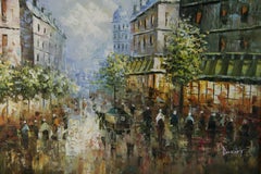 Óleo francés vintage   Escena de calle bulliciosa de París por Burnet