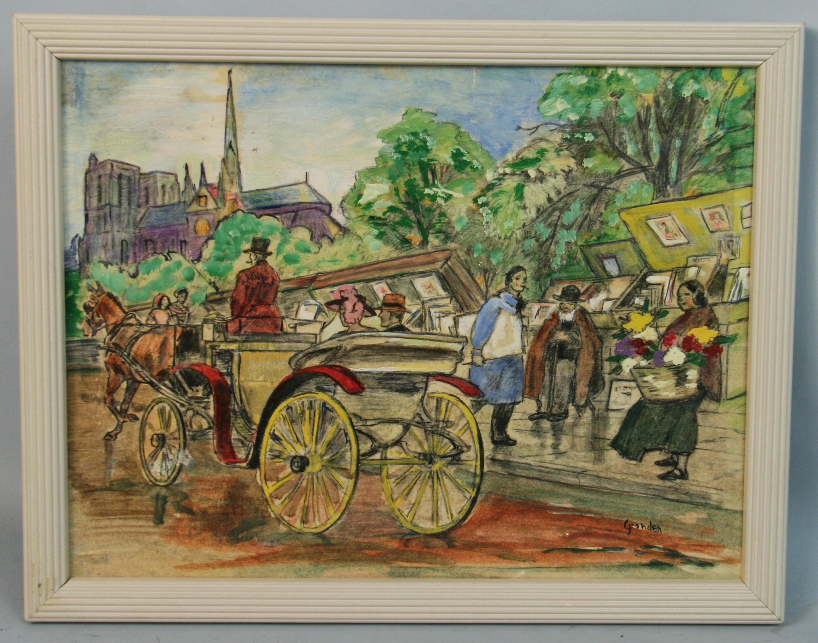 Unknown Landscape Painting - Vintage French Oil Pastel "Carriage Ride to Notre Dame" 1950's