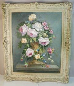 Vintage French Oversized Rose Bouquet, Oil on Canvas, Framed, 1960s