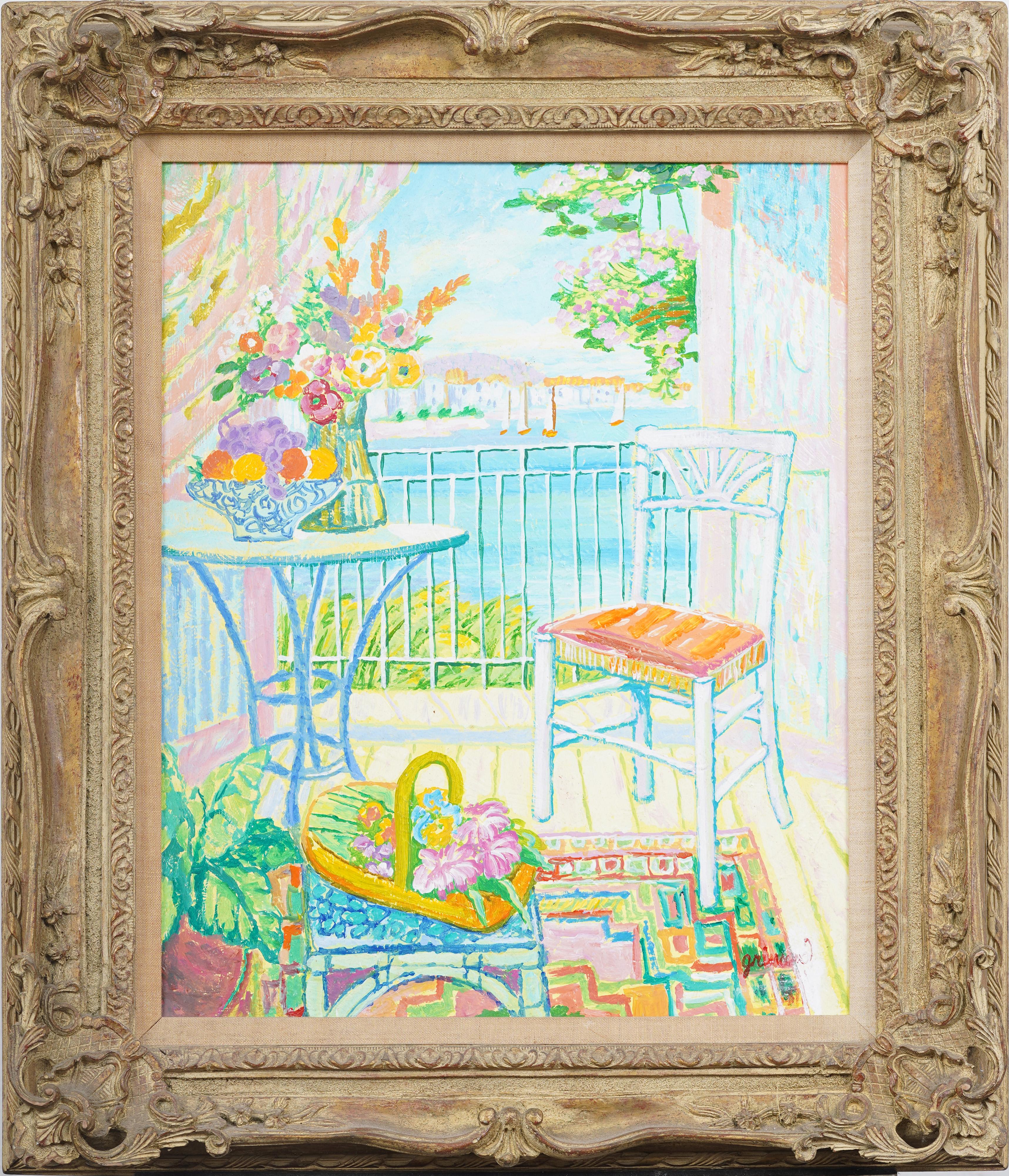 Quadro d'epoca della Costa Azzurra Fauvist Tropicale Patio Mediterraneo Vista Mare - Painting di Unknown