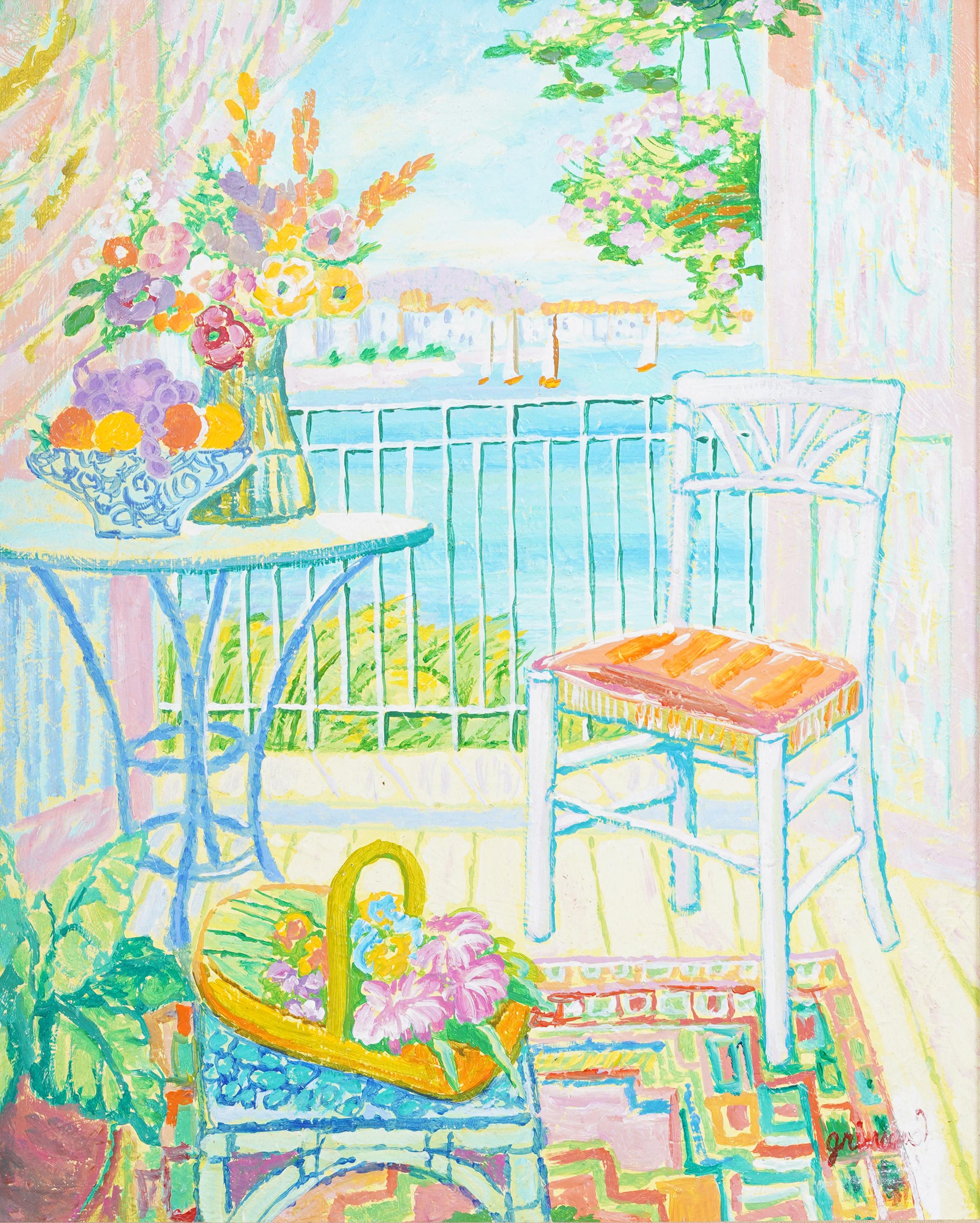 Quadro d'epoca della Costa Azzurra Fauvist Tropicale Patio Mediterraneo Vista Mare - Painting Impressionismo di Unknown
