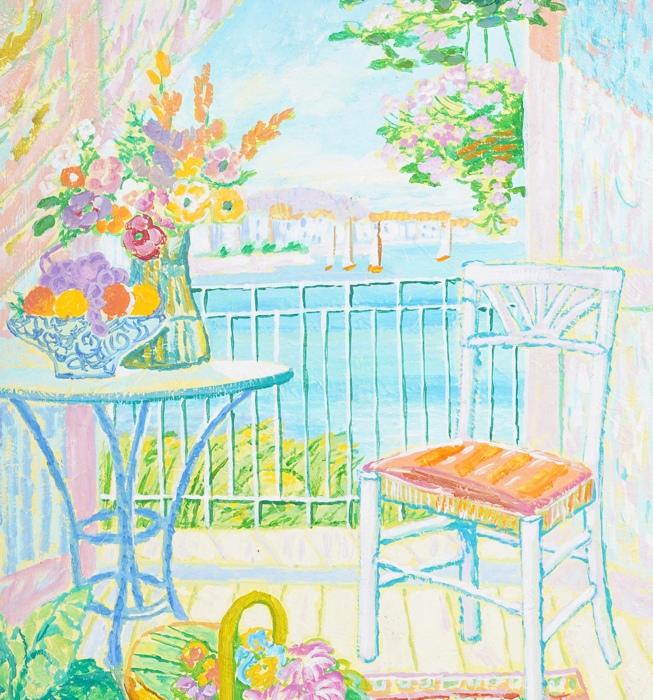 Quadro d'epoca della Costa Azzurra Fauvist Tropicale Patio Mediterraneo Vista Mare - Still-Life Painting Beige di Unknown