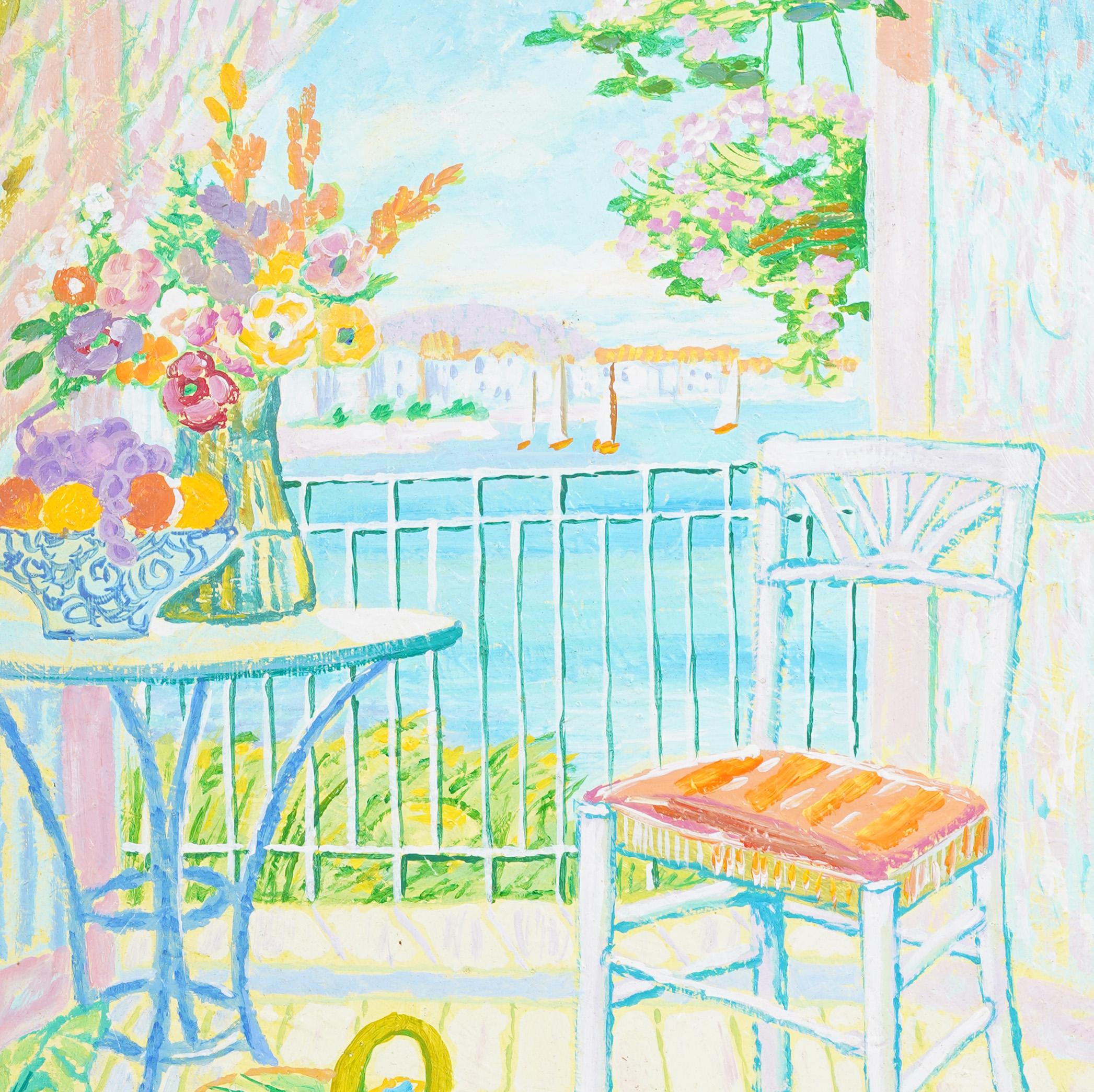 Quadro ad olio impressionista d'epoca con scena di patio. Olio su tavola.   Incorniciato. Firmato.  In eccellenti condizioni originali. Incorniciato in una splendida cornice di  modanature in legno.  In condizioni eccellenti, pronto per essere