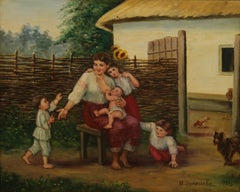 Vintage French Rural Family Farm Scene Oil Painting on Canvas 1981