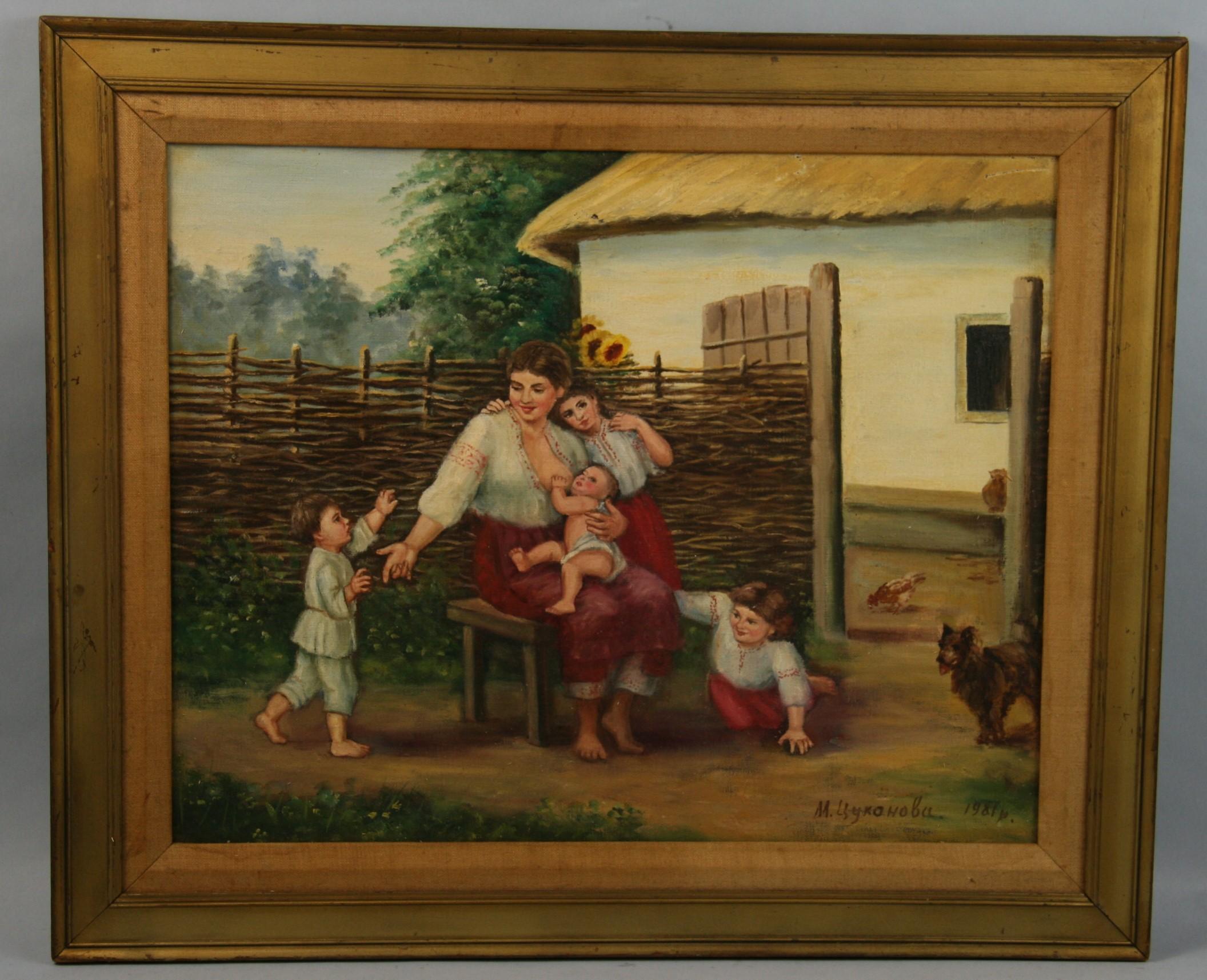 Vintage By, scena di famiglia rurale in fattoria, pittura ad olio su tela 1981 - Figurative Painting Marrone di Unknown