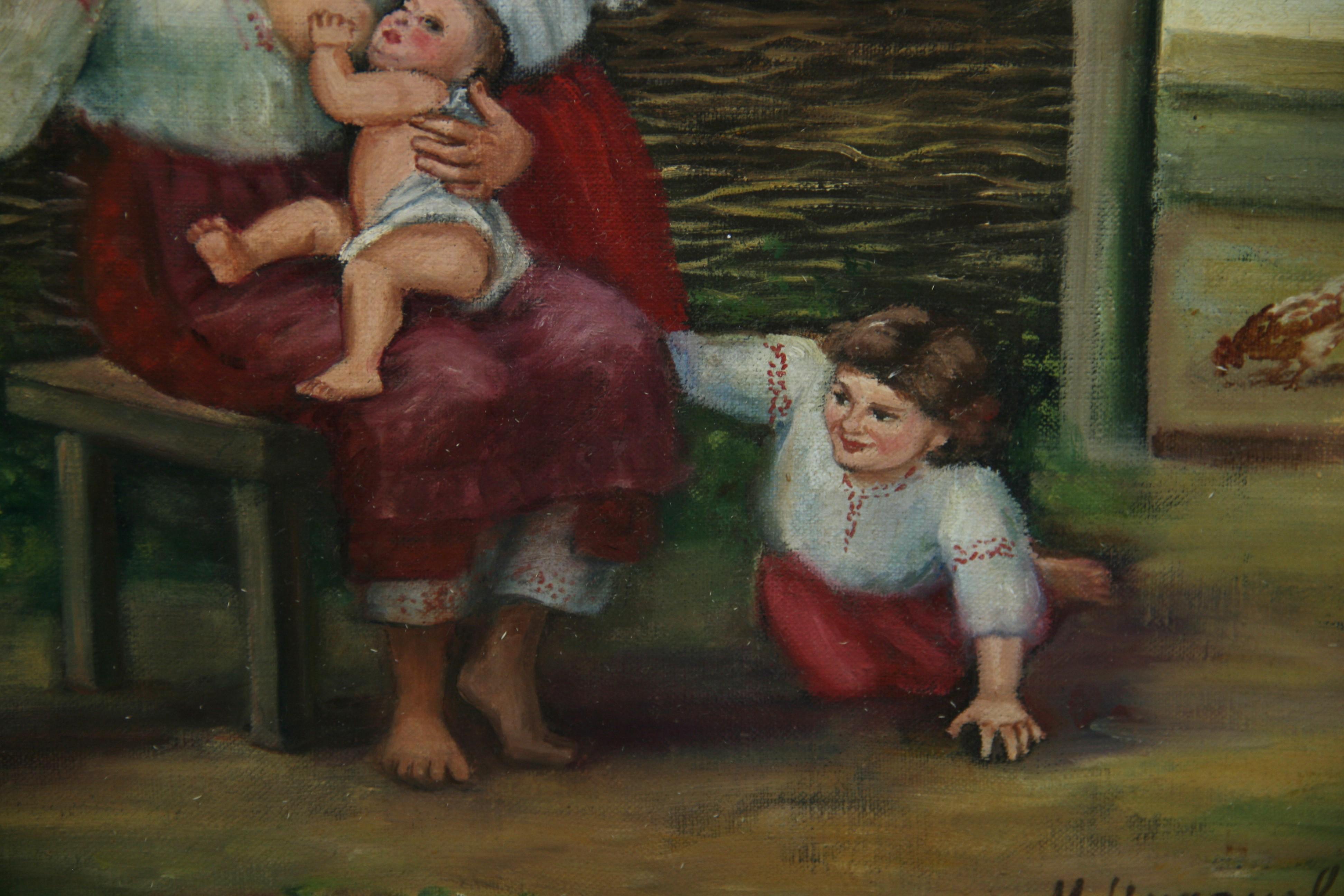 Vintage By, scena di famiglia rurale in fattoria, pittura ad olio su tela 1981 in vendita 1