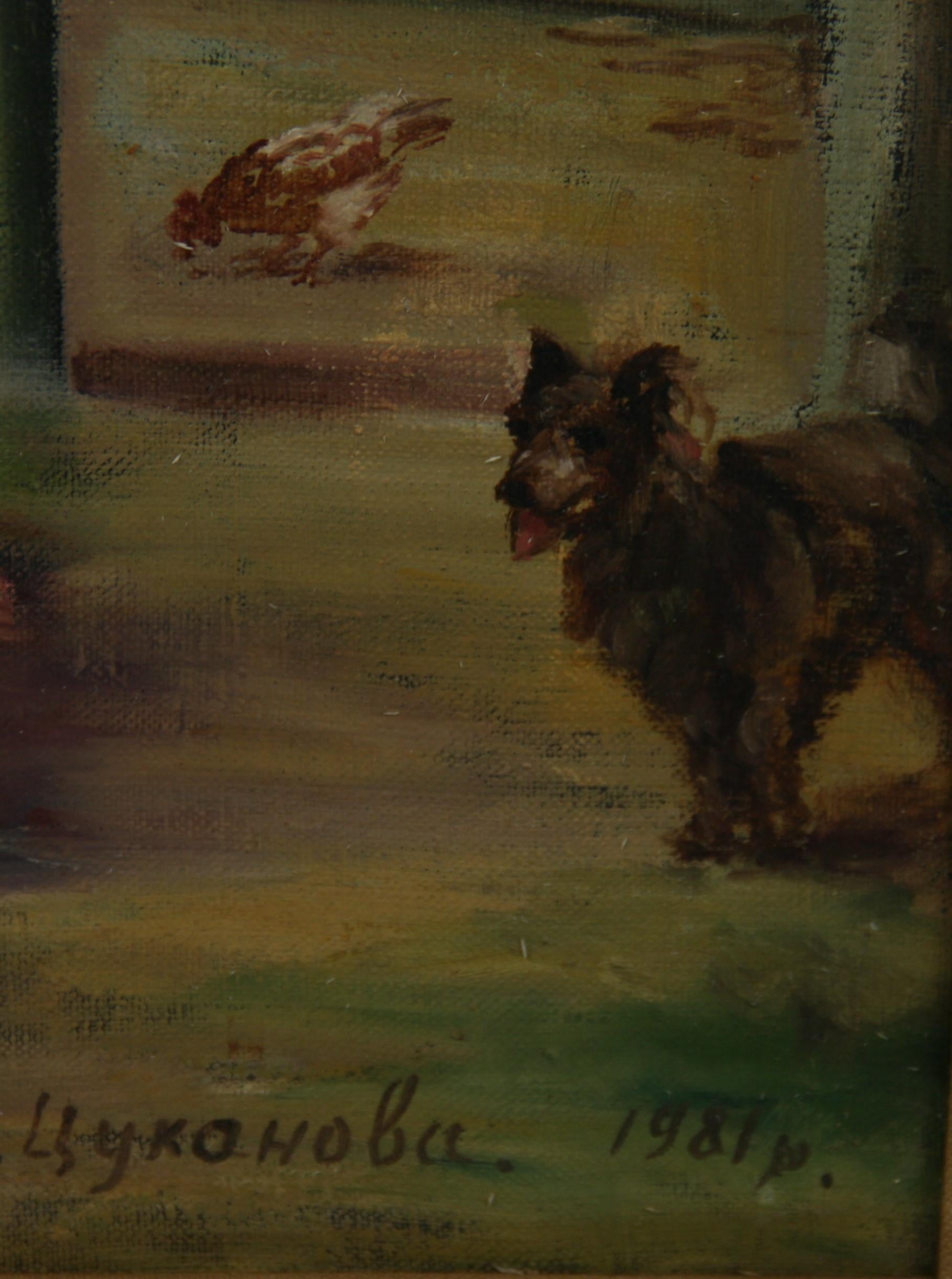 Vintage By, scena di famiglia rurale in fattoria, pittura ad olio su tela 1981 in vendita 2