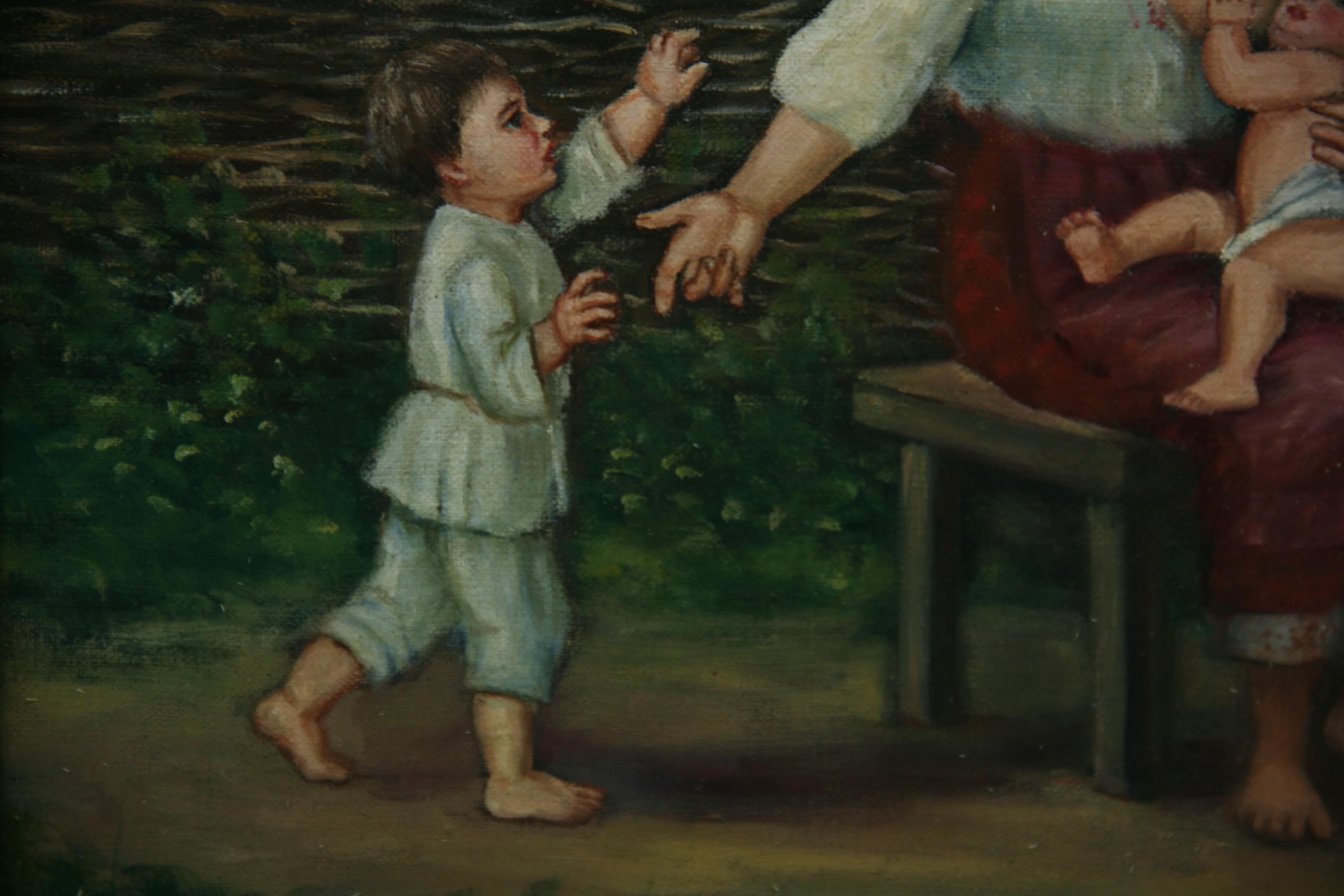 Vintage By, scena di famiglia rurale in fattoria, pittura ad olio su tela 1981 in vendita 4