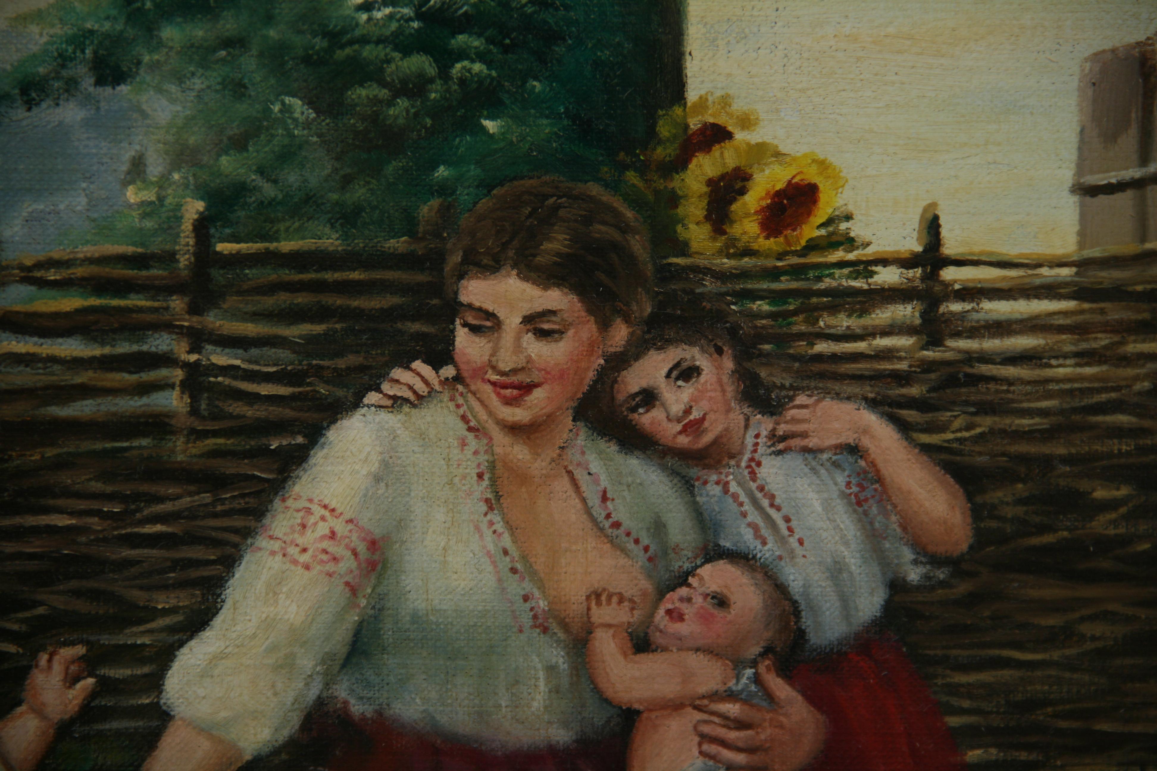 Vintage By, scena di famiglia rurale in fattoria, pittura ad olio su tela 1981 in vendita 5