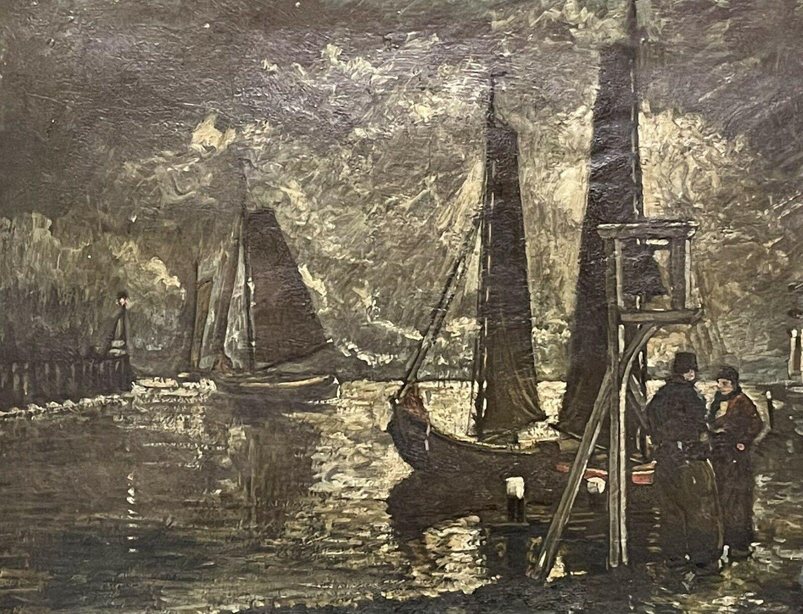 VINTAGE FRENCH SIGNED OIL - FISHERMEN CHATTING BY HARBOUR - SIGNED & FRAMED - Painting by Unknown