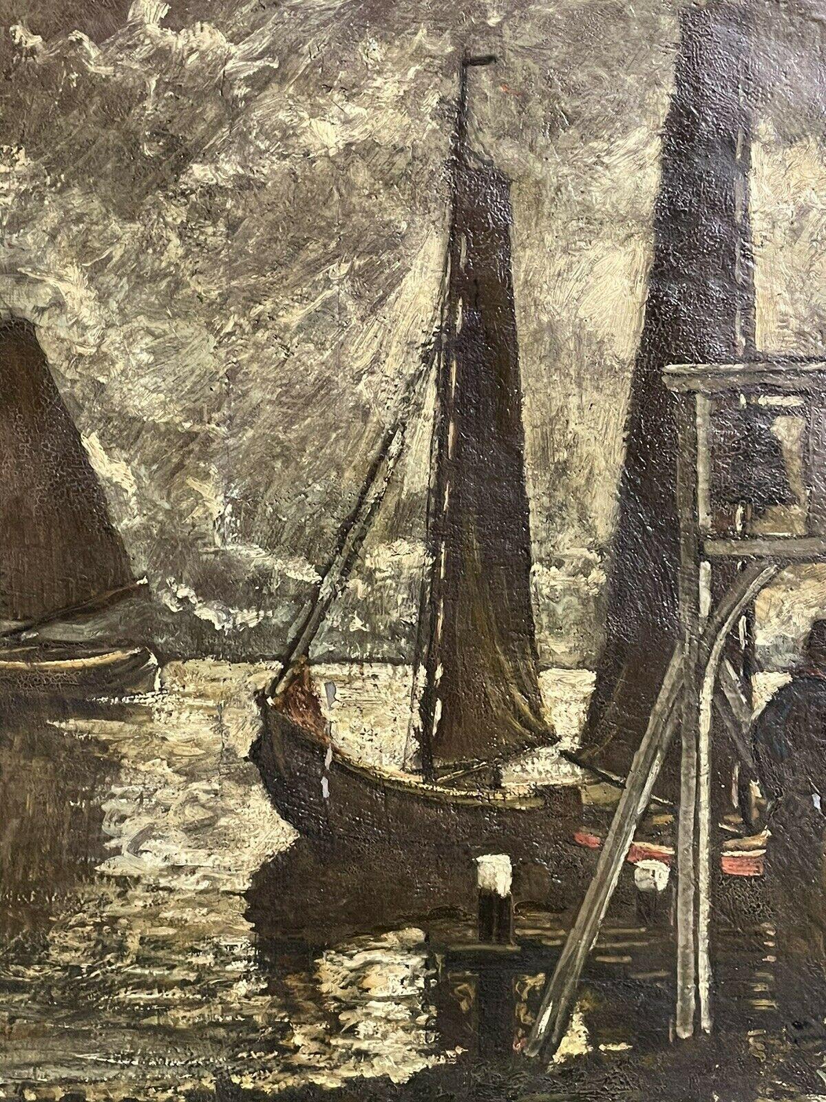 VINTAGE FRENCH SIGNED OIL - FISHERMEN CHATTING BY HARBOUR - SIGNED & FRAMED - Impressionist Painting by Unknown