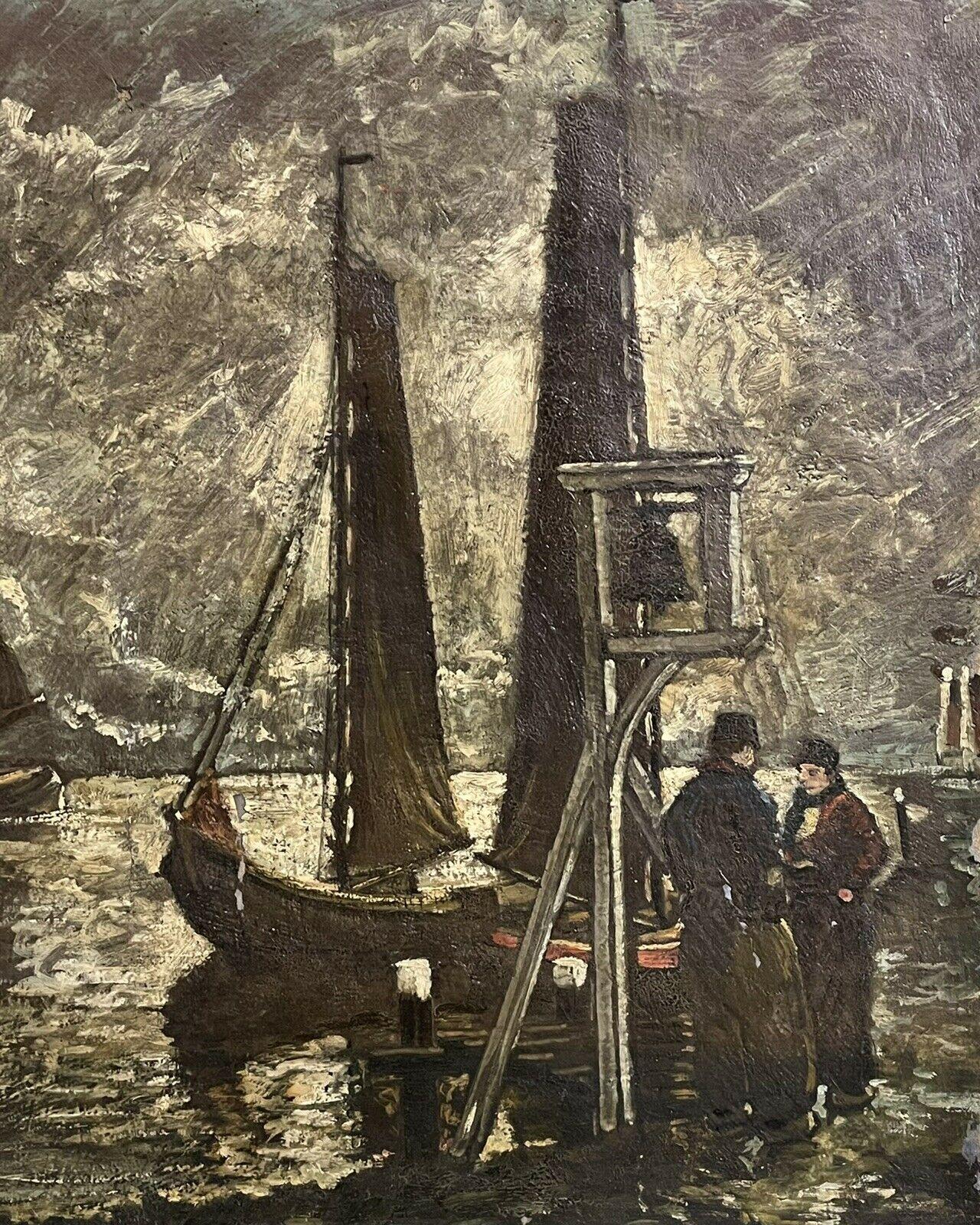 VINTAGE FRENCH SIGNED OIL - FISHERMEN CHATTING BY HARBOUR - SIGNED & FRAMED - Brown Landscape Painting by Unknown