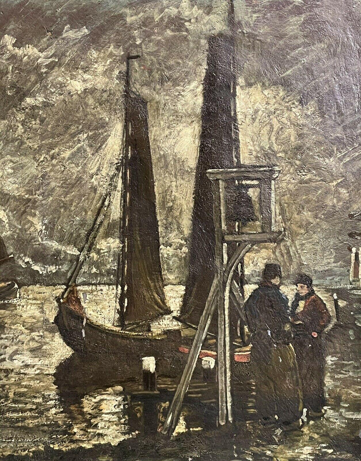 Artist/ School: French School, indistinctly signed front and back, dated. 

Title: By the Harbour. 

Medium: oil painting, on canvas. 

Size:      frame: 27 x 33 inches 
           painting: 20 x 25.5 inches
         
Provenance: private collection,