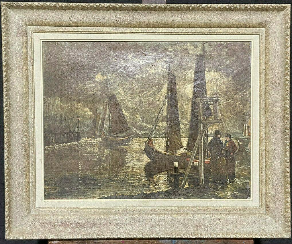 Unknown Landscape Painting - VINTAGE FRENCH SIGNED OIL - FISHERMEN CHATTING BY HARBOUR - SIGNED & FRAMED