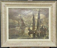 Retro FRENCH SIGNED OIL - FISHERMEN CHATTING BY HARBOUR - SIGNED & FRAMED
