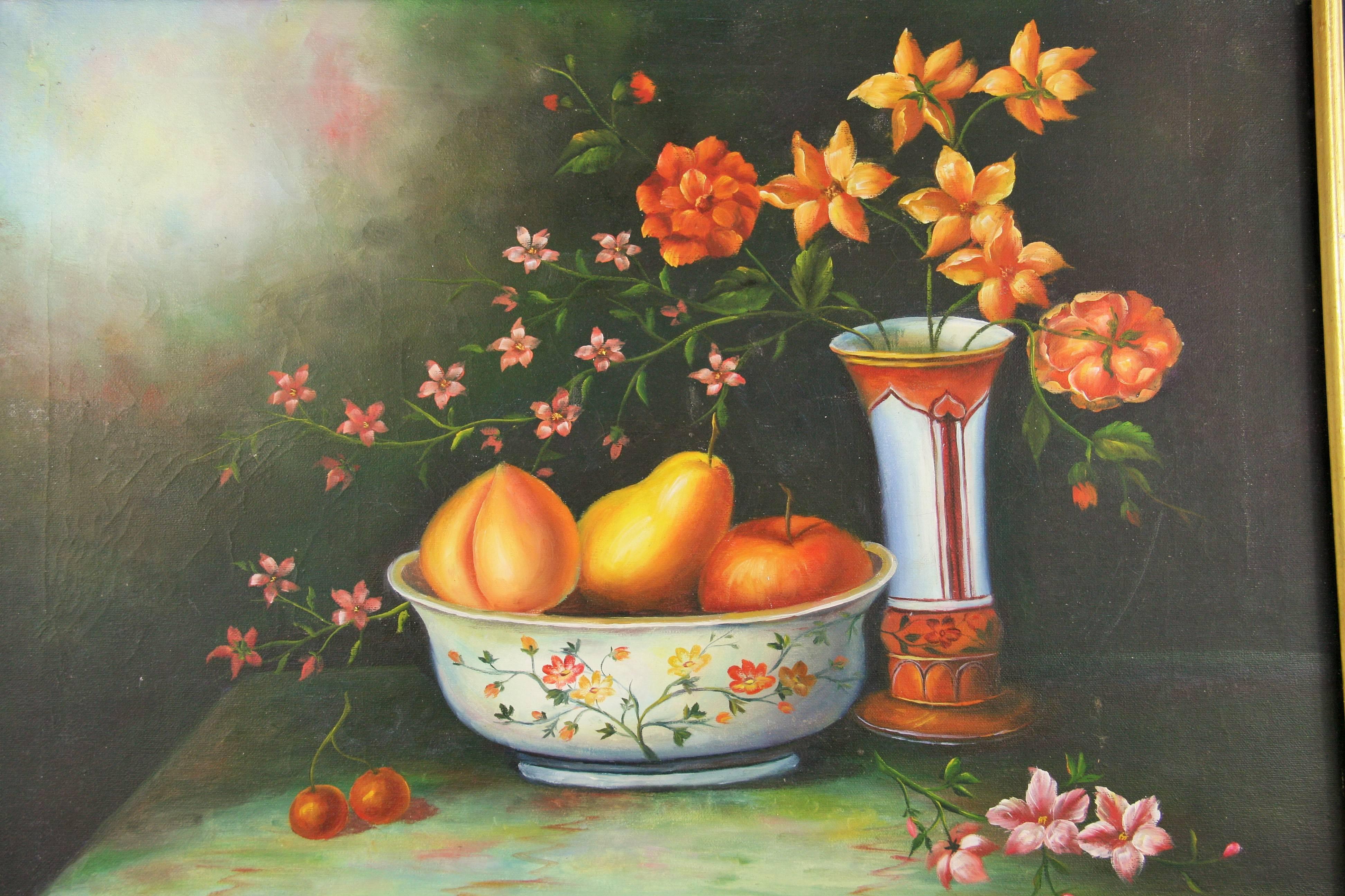 Vintage By  Französisch   Stillleben-Tisch Scape „Früchte und Blumen“ – Painting von Unknown
