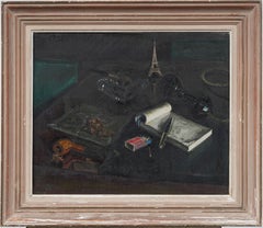 Vintage Surrealista Francese Natura morta Torre Eiffel Realista Parigi Pittura Moderna