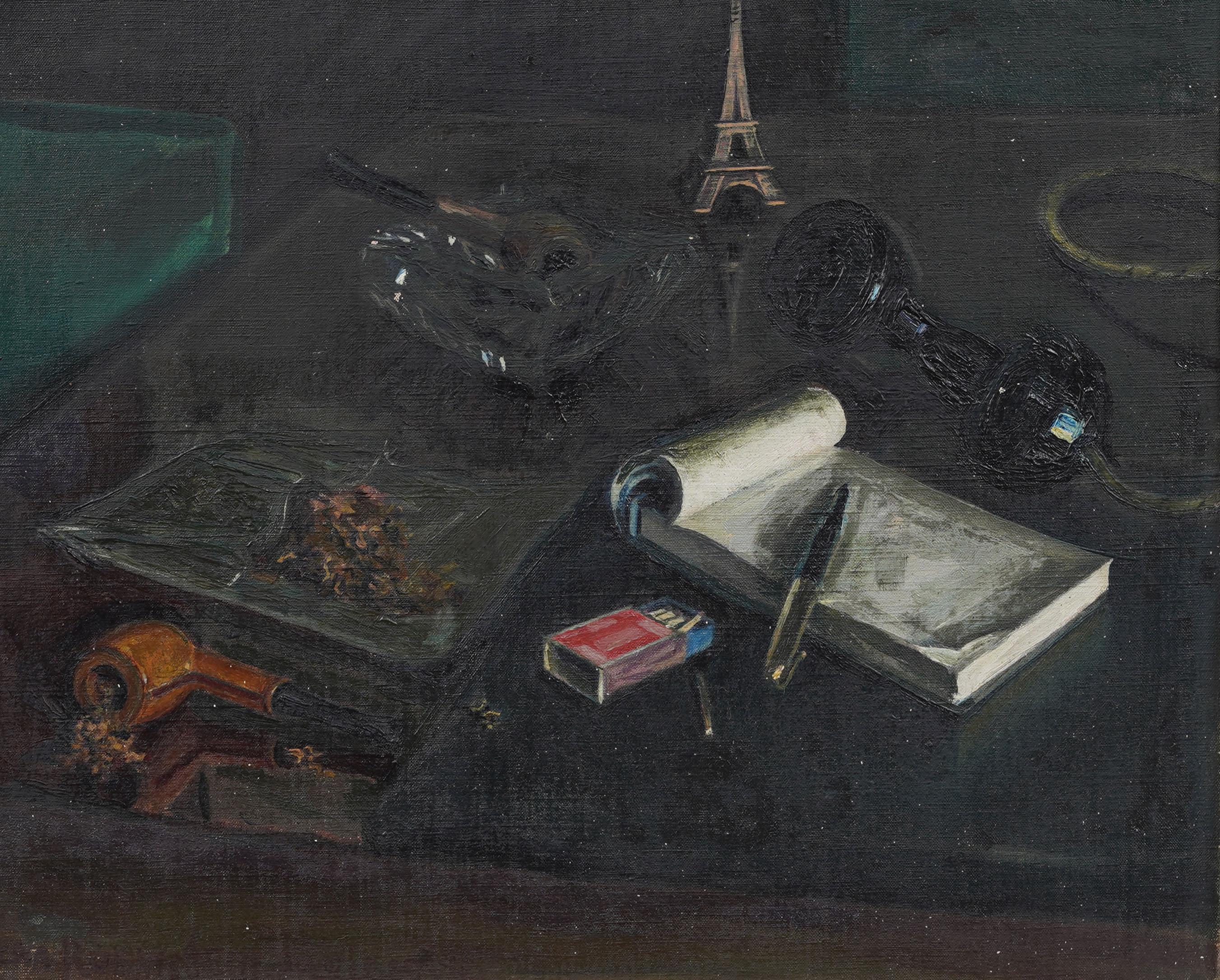 Vintage French Surrealist Still Life Eiffel Tower Realist Paris Modern Painting For Sale 1