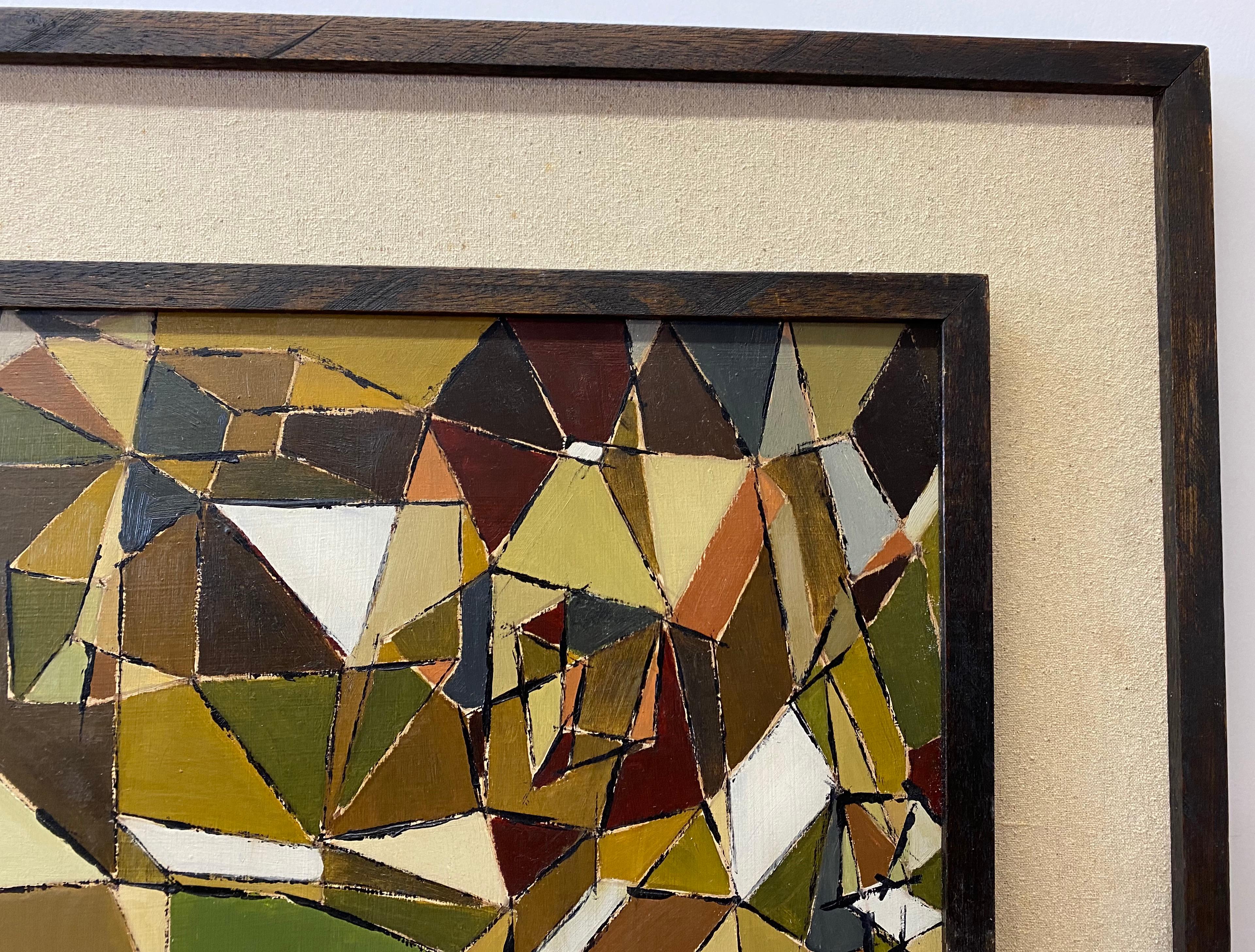 Vintage Geometric Abstract Oil Painting by Bennett C.1961 - Brown Abstract Painting by Unknown