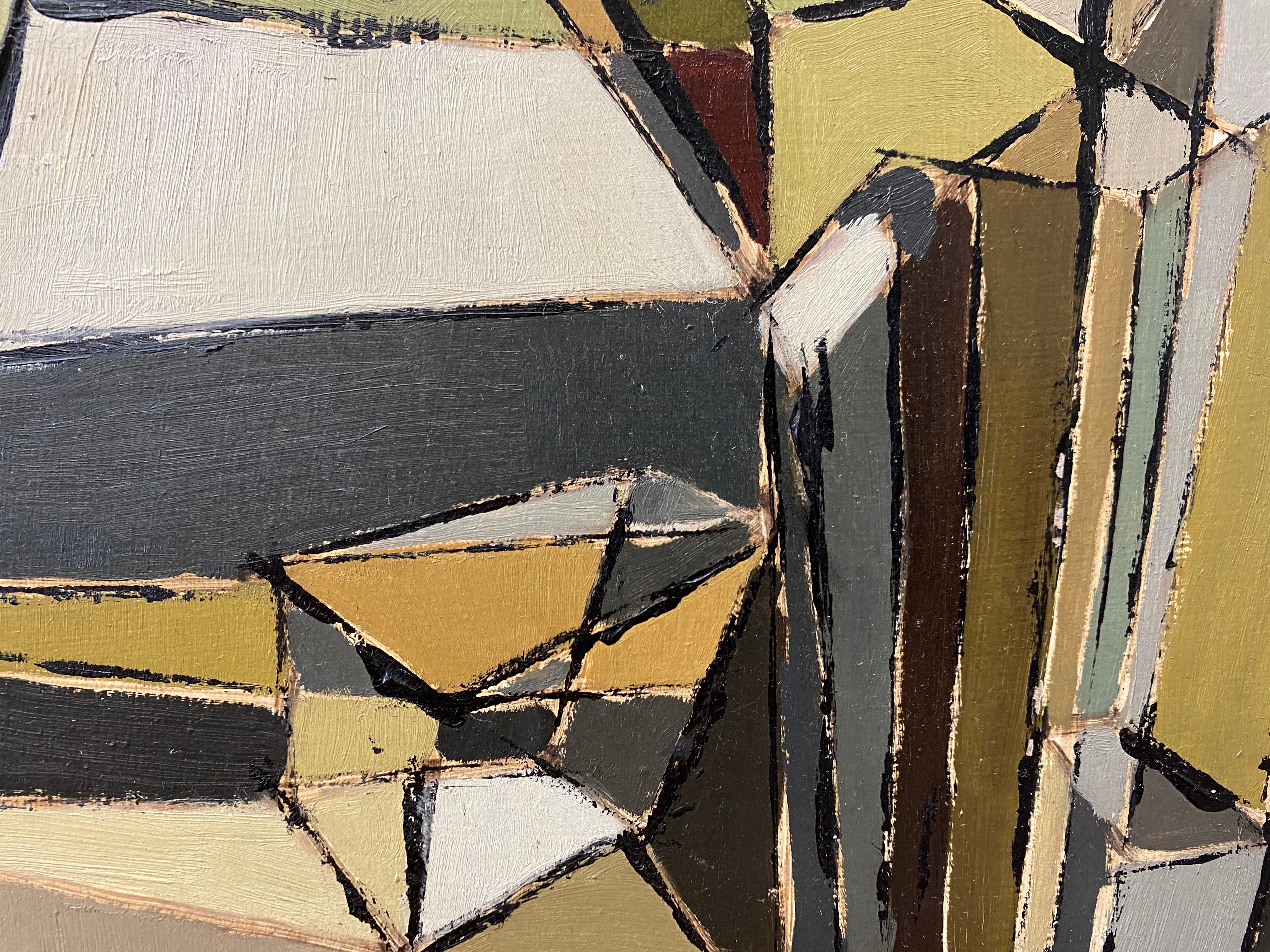 Vintage Geometric Abstract Oil Painting by Bennett C.1961 2