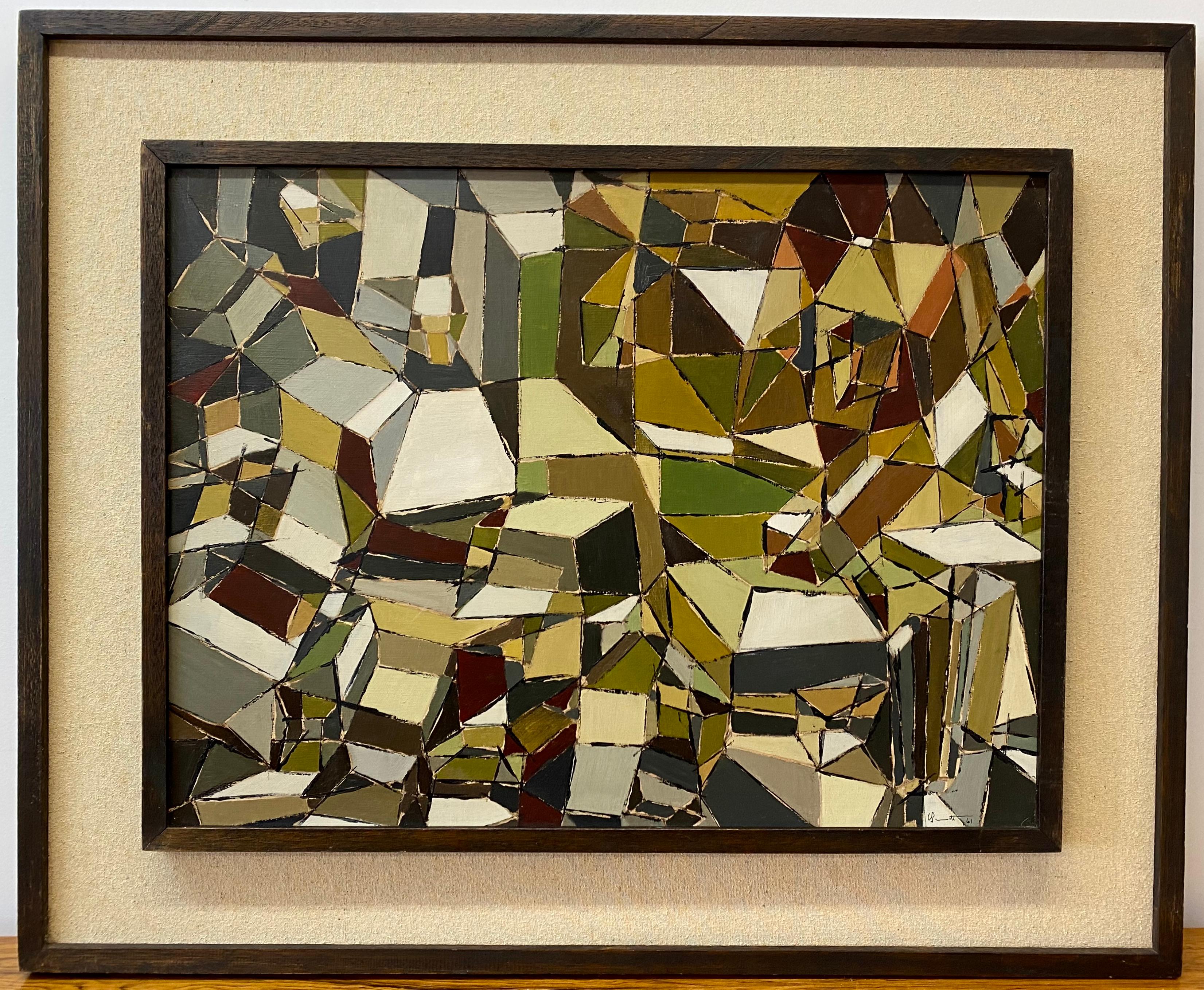Vintage Geometric Abstract Oil Painting by Bennett C.1961